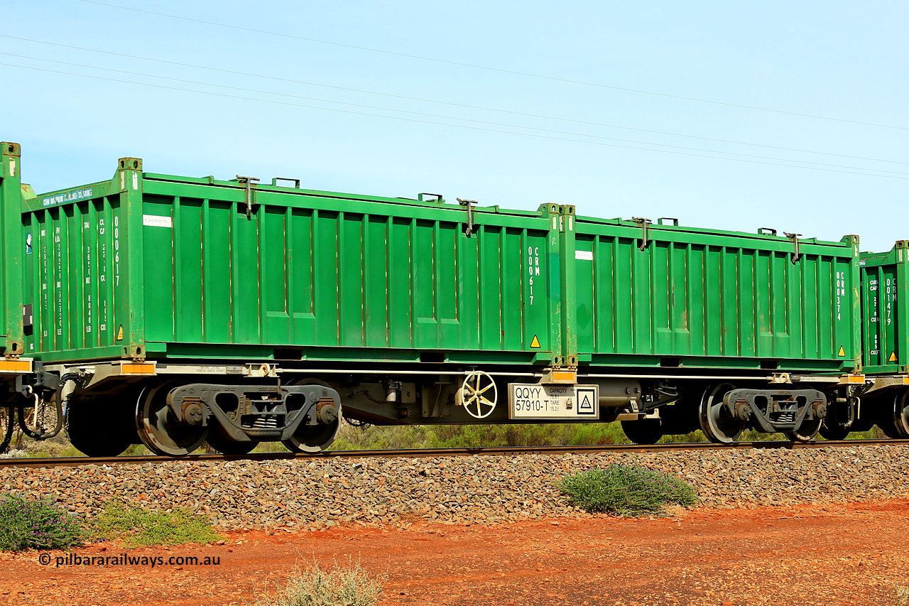 231020 8180
Parkeston, QQYY type 40' container waggon QQYY 57910 one of five hundred ordered by Aurizon and built by CRRC Yangtze Group of China in 2022. In service with two loaded 20' half height hard top 'rotainers' lettered CRM, for Cristal Mining before they were absorbed into Tronox, CRM 000374 with Cristal decal and CRM 000617 with Cristal decal, on Aurizon's Tronox mineral sands train 4UP1 from Ivanhoe / Broken Hill (NSW) to Kwinana (WA). 20th of October 2023.
Keywords: QQYY-type;QQYY57910;CRRC-Yangtze-Group-China;