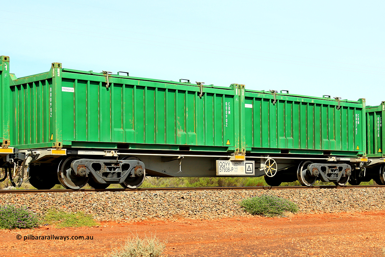 231020 8183
Parkeston, QQYY type 40' container waggon QQYY 57938 one of five hundred ordered by Aurizon and built by CRRC Yangtze Group of China in 2022. In service with two loaded 20' half height hard top 'rotainers' lettered CRM, for Cristal Mining before they were absorbed into Tronox, CRM 000747 with Cristal decal and CRM 000902 with Tronox decal, on Aurizon's Tronox mineral sands train 4UP1 from Ivanhoe / Broken Hill (NSW) to Kwinana (WA). 20th of October 2023.
Keywords: QQYY-type;QQYY57938;CRRC-Yangtze-Group-China;