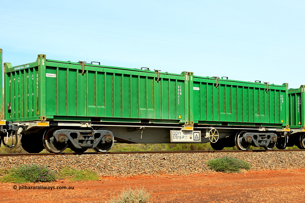 231020 8184
Parkeston, QQYY type 40' container waggon QQYY 57818 one of five hundred ordered by Aurizon and built by CRRC Yangtze Group of China in 2022. In service with two loaded 20' half height hard top 'rotainers' lettered CRM, for Cristal Mining before they were absorbed into Tronox, CRM 001265 with Tronox decal and CRM 000422 with Tronox decal, on Aurizon's Tronox mineral sands train 4UP1 from Ivanhoe / Broken Hill (NSW) to Kwinana (WA). 20th of October 2023.
Keywords: QQYY-type;QQYY57818;CRRC-Yangtze-Group-China;