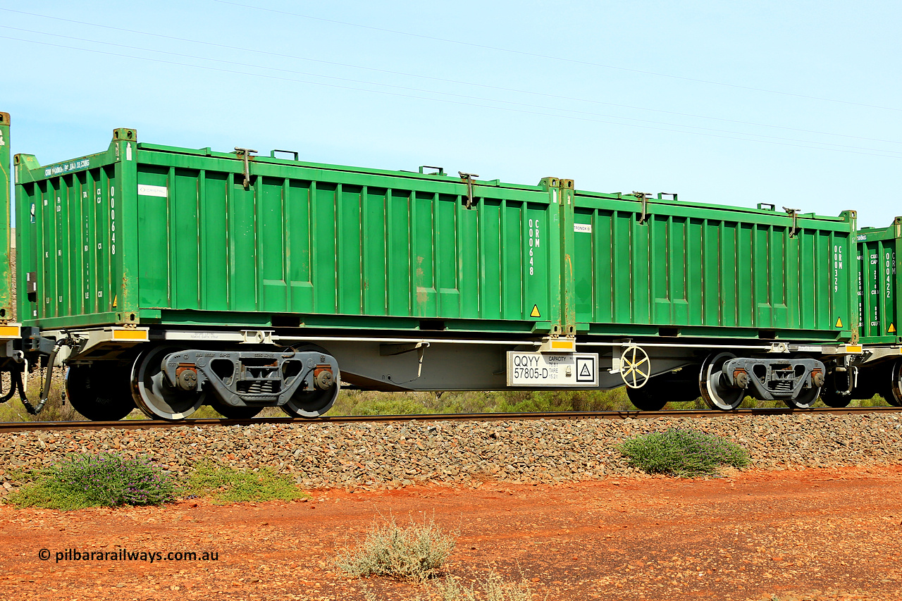 231020 8185
Parkeston, QQYY type 40' container waggon QQYY 57805 one of five hundred ordered by Aurizon and built by CRRC Yangtze Group of China in 2022. In service with two loaded 20' half height hard top 'rotainers' lettered CRM, for Cristal Mining before they were absorbed into Tronox, CRM 000329 with Tronox decal and CRM 000648 with Cristal decal, on Aurizon's Tronox mineral sands train 4UP1 from Ivanhoe / Broken Hill (NSW) to Kwinana (WA). 20th of October 2023.
Keywords: QQYY-type;QQYY57805;CRRC-Yangtze-Group-China;