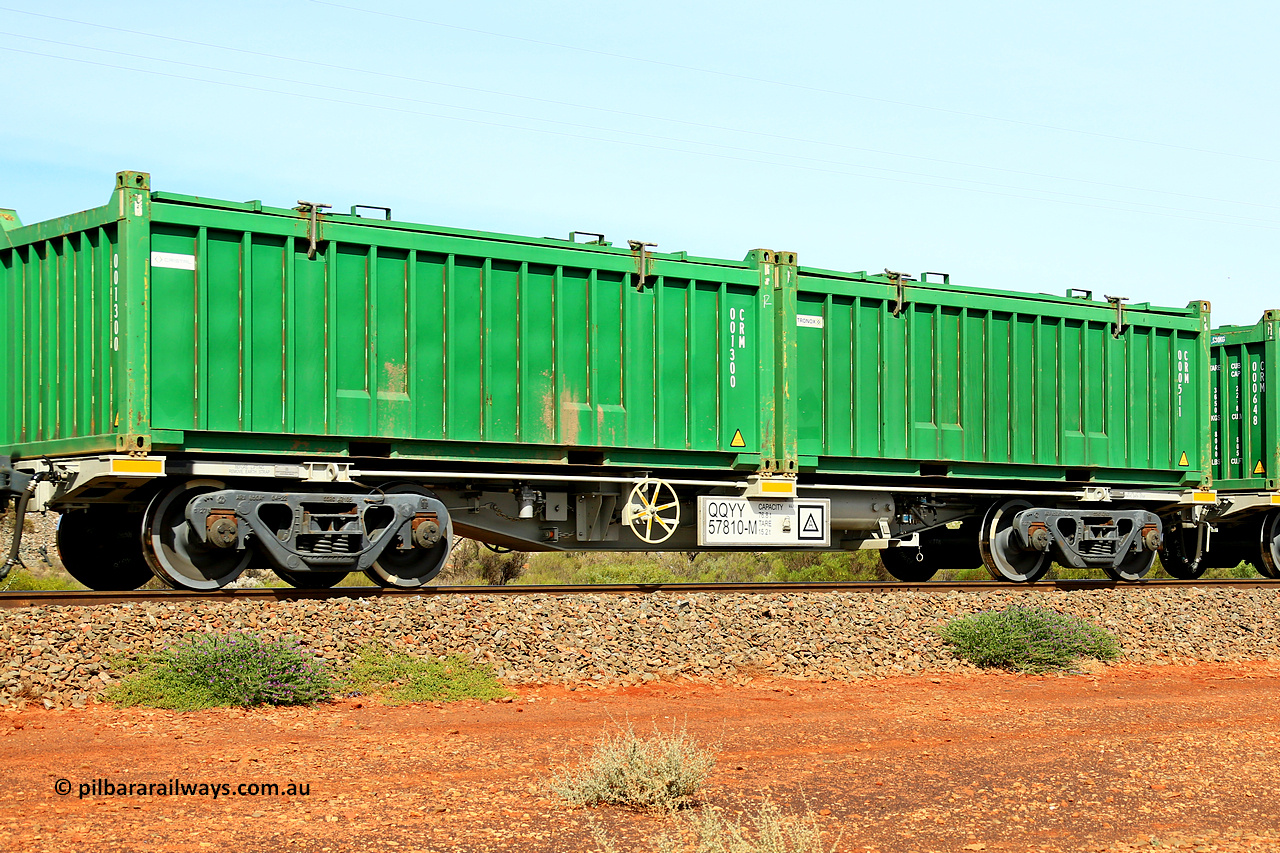 231020 8186
Parkeston, QQYY type 40' container waggon QQYY 57810 one of five hundred ordered by Aurizon and built by CRRC Yangtze Group of China in 2022. In service with two loaded 20' half height hard top 'rotainers' lettered CRM, for Cristal Mining before they were absorbed into Tronox, CRM 000511 with Tronox decal and CRM 001300 with Cristal decal, on Aurizon's Tronox mineral sands train 4UP1 from Ivanhoe / Broken Hill (NSW) to Kwinana (WA). 20th of October 2023.
Keywords: QQYY-type;QQYY57810;CRRC-Yangtze-Group-China;