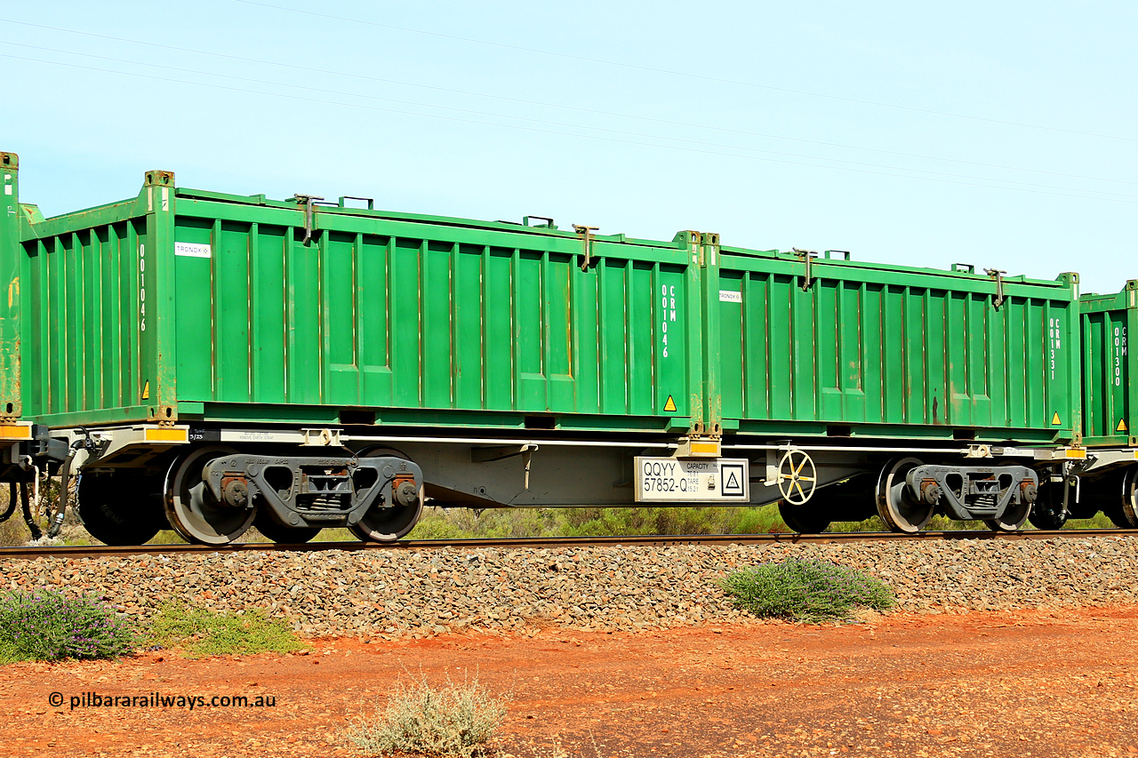 231020 8187
Parkeston, QQYY type 40' container waggon QQYY 57852 one of five hundred ordered by Aurizon and built by CRRC Yangtze Group of China in 2022. In service with two loaded 20' half height hard top 'rotainers' lettered CRM, for Cristal Mining before they were absorbed into Tronox, CRM 001331 with Tronox decal and CRM 001046 with Tronox decal, on Aurizon's Tronox mineral sands train 4UP1 from Ivanhoe / Broken Hill (NSW) to Kwinana (WA). 20th of October 2023.
Keywords: QQYY-type;QQYY57852;CRRC-Yangtze-Group-China;