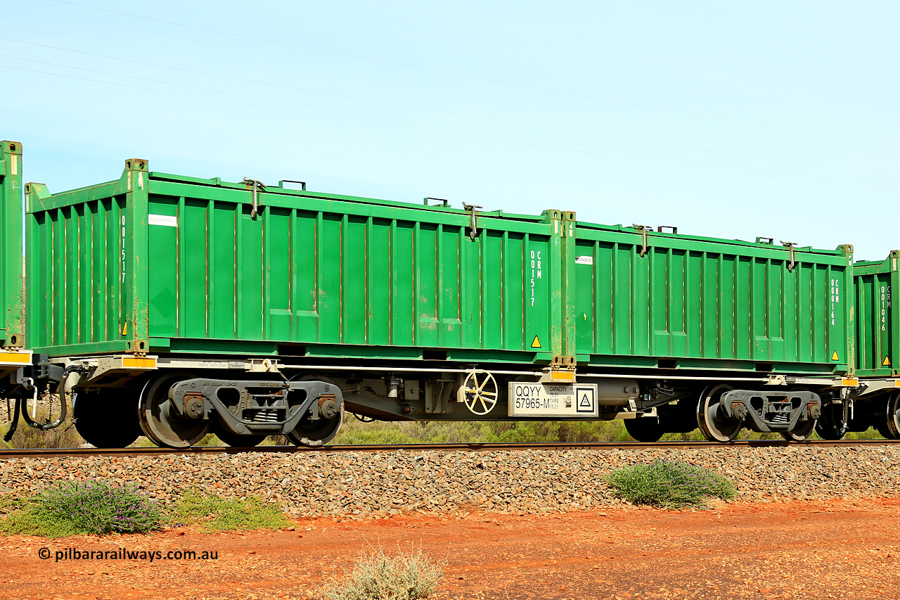 231020 8188
Parkeston, QQYY type 40' container waggon QQYY 57965 one of five hundred ordered by Aurizon and built by CRRC Yangtze Group of China in 2022. In service with two loaded 20' half height hard top 'rotainers' lettered CRM, for Cristal Mining before they were absorbed into Tronox, CRM 000164 with Tronox decal and CRM 001517 with Cristal decal, on Aurizon's Tronox mineral sands train 4UP1 from Ivanhoe / Broken Hill (NSW) to Kwinana (WA). 20th of October 2023.
Keywords: QQYY-type;QQYY57965;CRRC-Yangtze-Group-China;