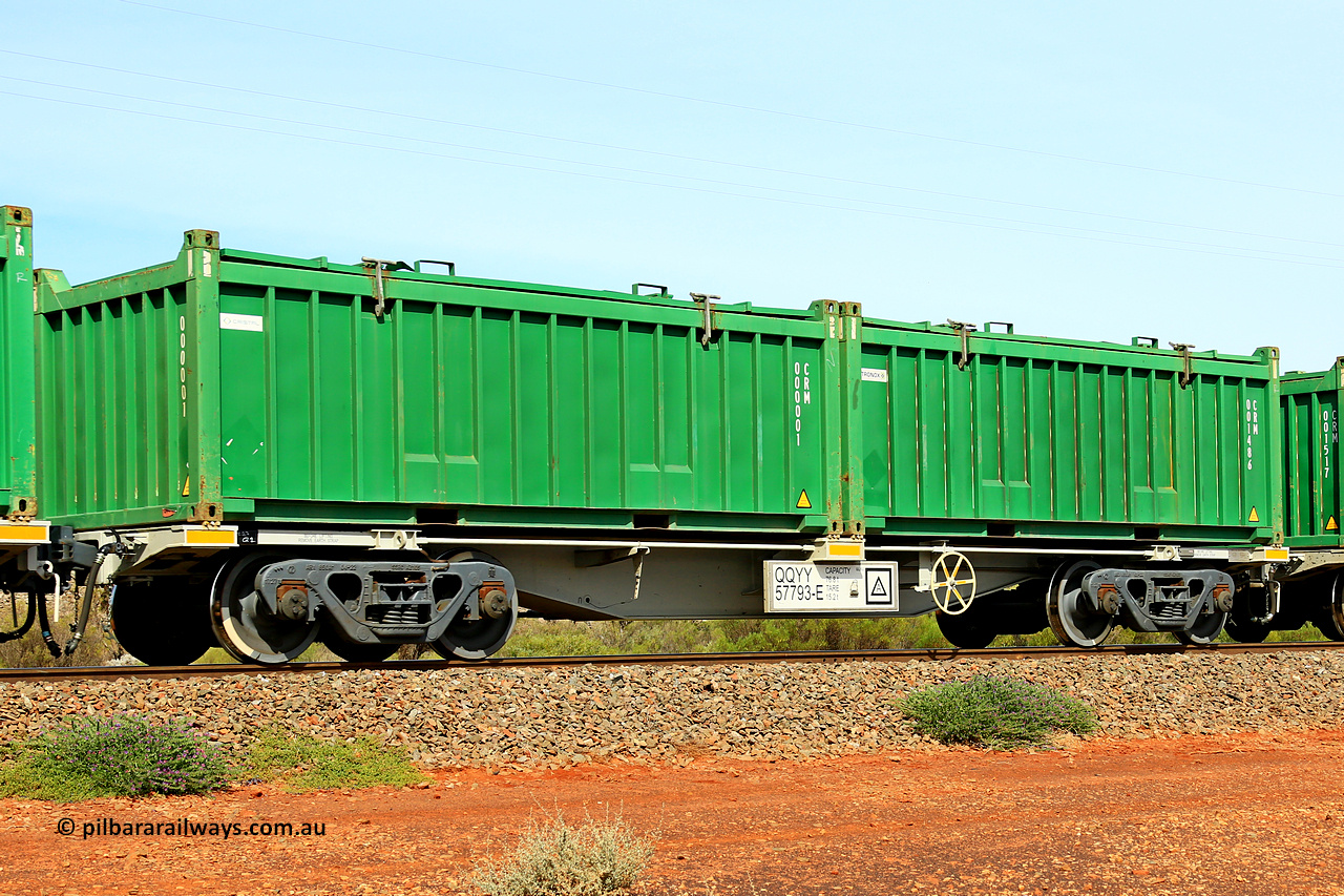 231020 8189
Parkeston, QQYY type 40' container waggon QQYY 57793 one of five hundred ordered by Aurizon and built by CRRC Yangtze Group of China in 2022. In service with two loaded 20' half height hard top 'rotainers' lettered CRM, for Cristal Mining before they were absorbed into Tronox, CRM 001486 with Tronox decal and CRM 000001 with Cristal decal, on Aurizon's Tronox mineral sands train 4UP1 from Ivanhoe / Broken Hill (NSW) to Kwinana (WA). 20th of October 2023.
Keywords: QQYY-type;QQYY57793;CRRC-Yangtze-Group-China;