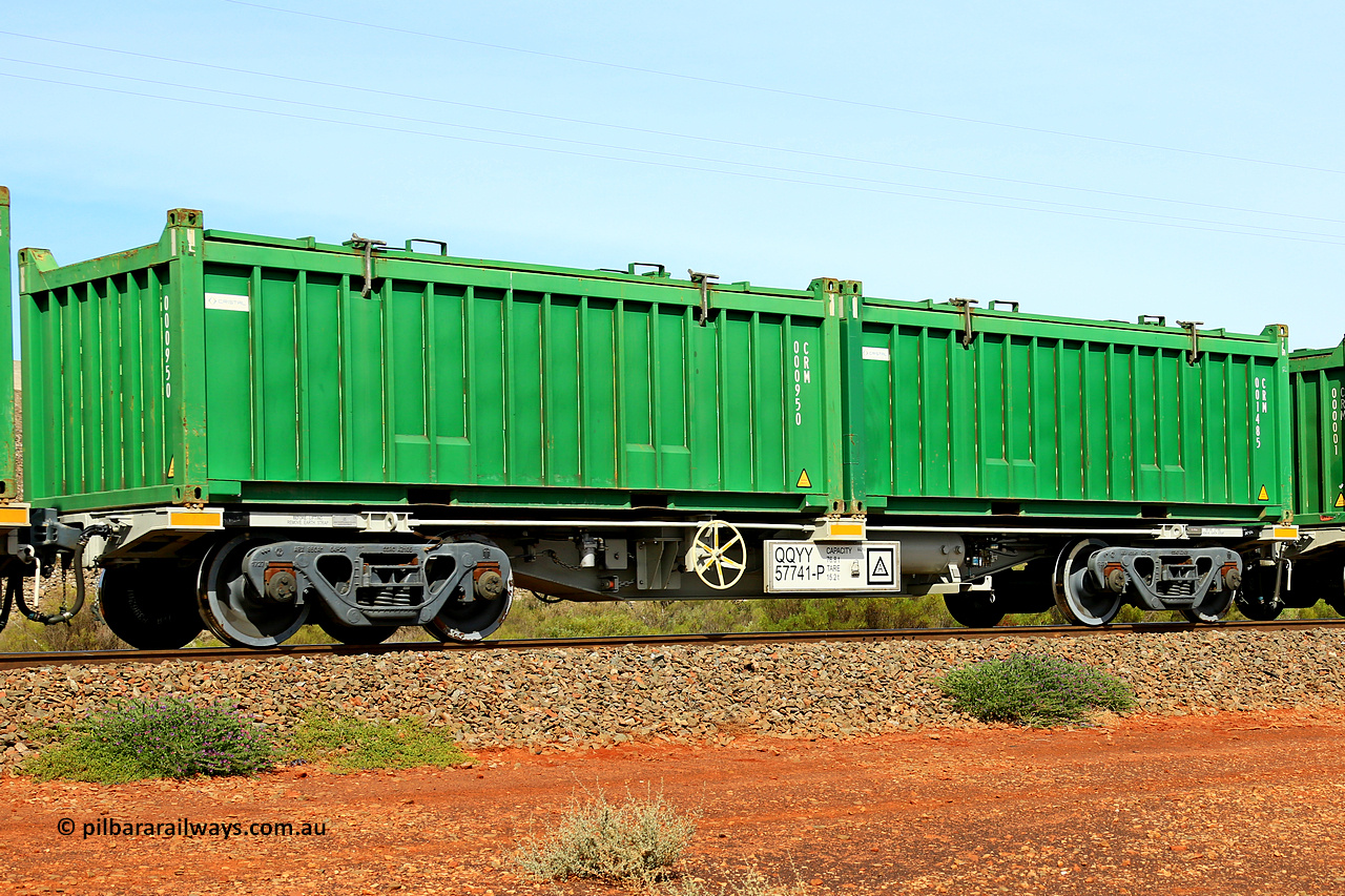 231020 8190
Parkeston, QQYY type 40' container waggon QQYY 57741 one of five hundred ordered by Aurizon and built by CRRC Yangtze Group of China in 2022. In service with two loaded 20' half height hard top 'rotainers' lettered CRM, for Cristal Mining before they were absorbed into Tronox, CRM 001485 with Cristal decal and CRM 000950 with Cristal decal, on Aurizon's Tronox mineral sands train 4UP1 from Ivanhoe / Broken Hill (NSW) to Kwinana (WA). 20th of October 2023.
Keywords: QQYY-type;QQYY57741;CRRC-Yangtze-Group-China;