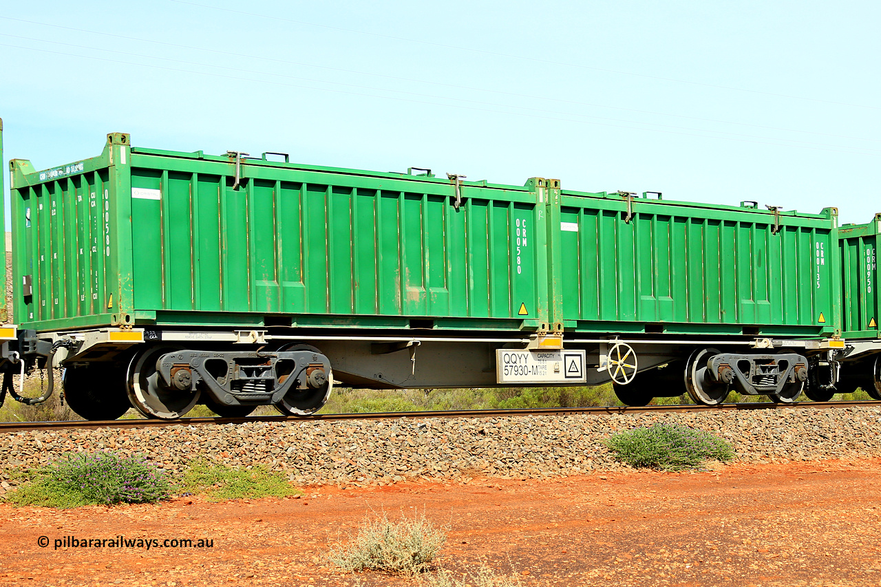 231020 8191
Parkeston, QQYY type 40' container waggon QQYY 57930 one of five hundred ordered by Aurizon and built by CRRC Yangtze Group of China in 2022. In service with two loaded 20' half height hard top 'rotainers' lettered CRM, for Cristal Mining before they were absorbed into Tronox, CRM 000135 with Cristal decal and CRM 000580 with Cristal decal, on Aurizon's Tronox mineral sands train 4UP1 from Ivanhoe / Broken Hill (NSW) to Kwinana (WA). 20th of October 2023.
Keywords: QQYY-type;QQYY57930;CRRC-Yangtze-Group-China;
