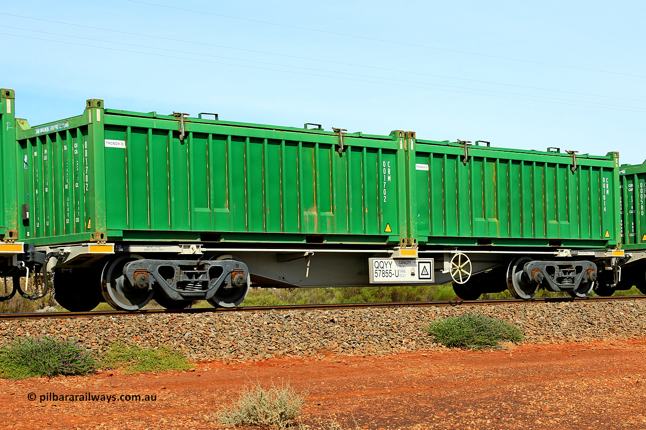 231020 8192
Parkeston, QQYY type 40' container waggon QQYY 57855 one of five hundred ordered by Aurizon and built by CRRC Yangtze Group of China in 2022. In service with two loaded 20' half height hard top 'rotainers' lettered CRM, for Cristal Mining before they were absorbed into Tronox, CRM 001014 with Tronox decal and CRM 001702 with Tronox decal, on Aurizon's Tronox mineral sands train 4UP1 from Ivanhoe / Broken Hill (NSW) to Kwinana (WA). 20th of October 2023.
Keywords: QQYY-type;QQYY57855;CRRC-Yangtze-Group-China;