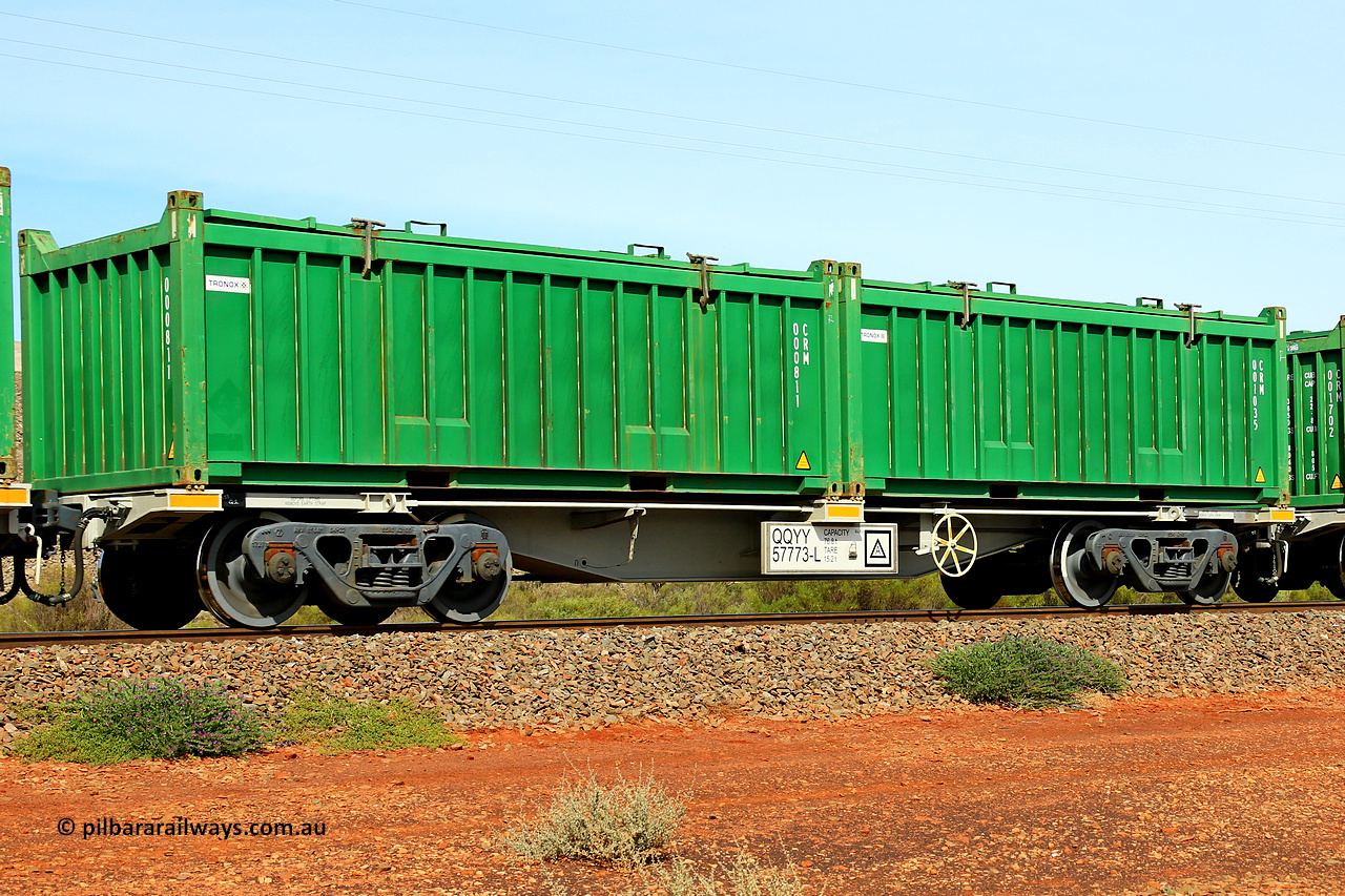 231020 8193
Parkeston, QQYY type 40' container waggon QQYY 57773 one of five hundred ordered by Aurizon and built by CRRC Yangtze Group of China in 2022. In service with two loaded 20' half height hard top 'rotainers' lettered CRM, for Cristal Mining before they were absorbed into Tronox, CRM 001035 with Tronox decal and CRM 000811 with Tronox decal, on Aurizon's Tronox mineral sands train 4UP1 from Ivanhoe / Broken Hill (NSW) to Kwinana (WA). 20th of October 2023.
Keywords: QQYY-type;QQYY57773;CRRC-Yangtze-Group-China;