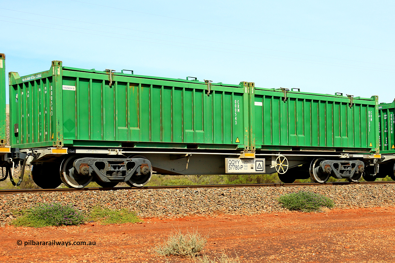 231020 8195
Parkeston, QQYY type 40' container waggon QQYY 57780 one of five hundred ordered by Aurizon and built by CRRC Yangtze Group of China in 2022. In service with two loaded 20' half height hard top 'rotainers' lettered CRM, for Cristal Mining before they were absorbed into Tronox, CRM 001372 with Cristal decal and CRM 000543 with Tronox decal, on Aurizon's Tronox mineral sands train 4UP1 from Ivanhoe / Broken Hill (NSW) to Kwinana (WA). 20th of October 2023.
Keywords: QQYY-type;QQYY57780;CRRC-Yangtze-Group-China;