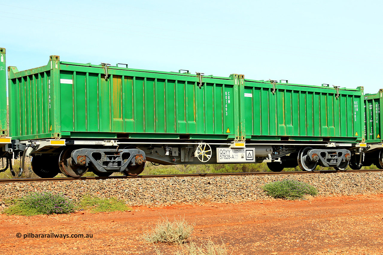 231020 8197
Parkeston, QQYY type 40' container waggon QQYY 57828 one of five hundred ordered by Aurizon and built by CRRC Yangtze Group of China in 2022. In service with two loaded 20' half height hard top 'rotainers' lettered CRM, for Cristal Mining before they were absorbed into Tronox, CRM 001603 with Tronox decal and CRM 001693 with Cristal decal, on Aurizon's Tronox mineral sands train 4UP1 from Ivanhoe / Broken Hill (NSW) to Kwinana (WA). 20th of October 2023.
Keywords: QQYY-type;QQYY57828;CRRC-Yangtze-Group-China;