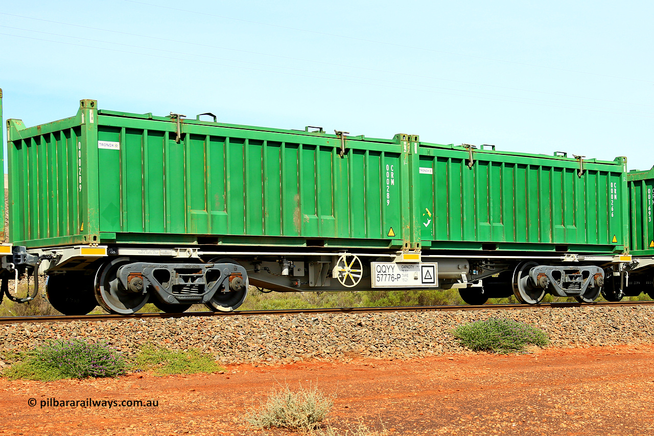 231020 8198
Parkeston, QQYY type 40' container waggon QQYY 57776 one of five hundred ordered by Aurizon and built by CRRC Yangtze Group of China in 2022. In service with two loaded 20' half height hard top 'rotainers' lettered CRM, for Cristal Mining before they were absorbed into Tronox, CRM 000266 with Tronox decal and CRM 000289 with Tronox decal, on Aurizon's Tronox mineral sands train 4UP1 from Ivanhoe / Broken Hill (NSW) to Kwinana (WA). 20th of October 2023.
Keywords: QQYY-type;QQYY57776;CRRC-Yangtze-Group-China;