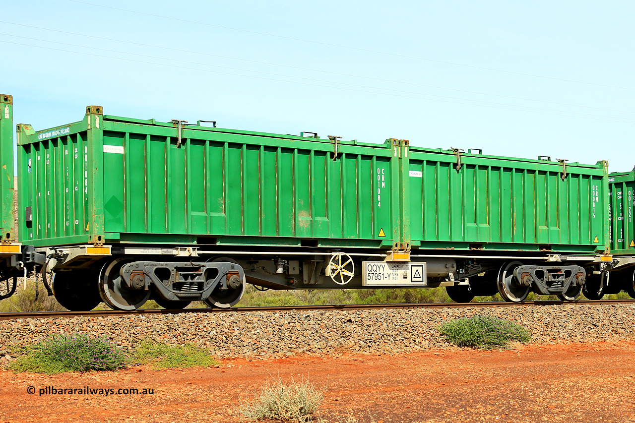 231020 8200
Parkeston, QQYY type 40' container waggon QQYY 57951 one of five hundred ordered by Aurizon and built by CRRC Yangtze Group of China in 2022. In service with two loaded 20' half height hard top 'rotainers' lettered CRM, for Cristal Mining before they were absorbed into Tronox, CRM 000815 with Tronox decal and CRM 001084 with Cristal decal, on Aurizon's Tronox mineral sands train 4UP1 from Ivanhoe / Broken Hill (NSW) to Kwinana (WA). 20th of October 2023.
Keywords: QQYY-type;QQYY57951;CRRC-Yangtze-Group-China;