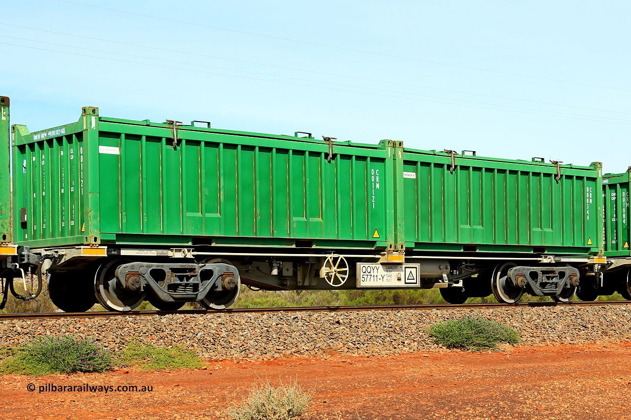231020 8201
Parkeston, QQYY type 40' container waggon QQYY 57711 one of five hundred ordered by Aurizon and built by CRRC Yangtze Group of China in 2022. In service with two loaded 20' half height hard top 'rotainers' lettered CRM, for Cristal Mining before they were absorbed into Tronox, CRM 000344 with Tronox decal and CRM 001121 with Cristal decal, on Aurizon's Tronox mineral sands train 4UP1 from Ivanhoe / Broken Hill (NSW) to Kwinana (WA). 20th of October 2023.
Keywords: QQYY-type;QQYY57711;CRRC-Yangtze-Group-China;