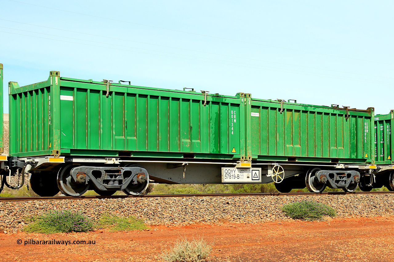 231020 8202
Parkeston, QQYY type 40' container waggon QQYY 57819 one of five hundred ordered by Aurizon and built by CRRC Yangtze Group of China in 2022. In service with two loaded 20' half height hard top 'rotainers' lettered CRM, for Cristal Mining before they were absorbed into Tronox, CRM 000063 with Tronox decal and CRM 001344 with Cristal decal, on Aurizon's Tronox mineral sands train 4UP1 from Ivanhoe / Broken Hill (NSW) to Kwinana (WA). 20th of October 2023.
Keywords: QQYY-type;QQYY57819;CRRC-Yangtze-Group-China;