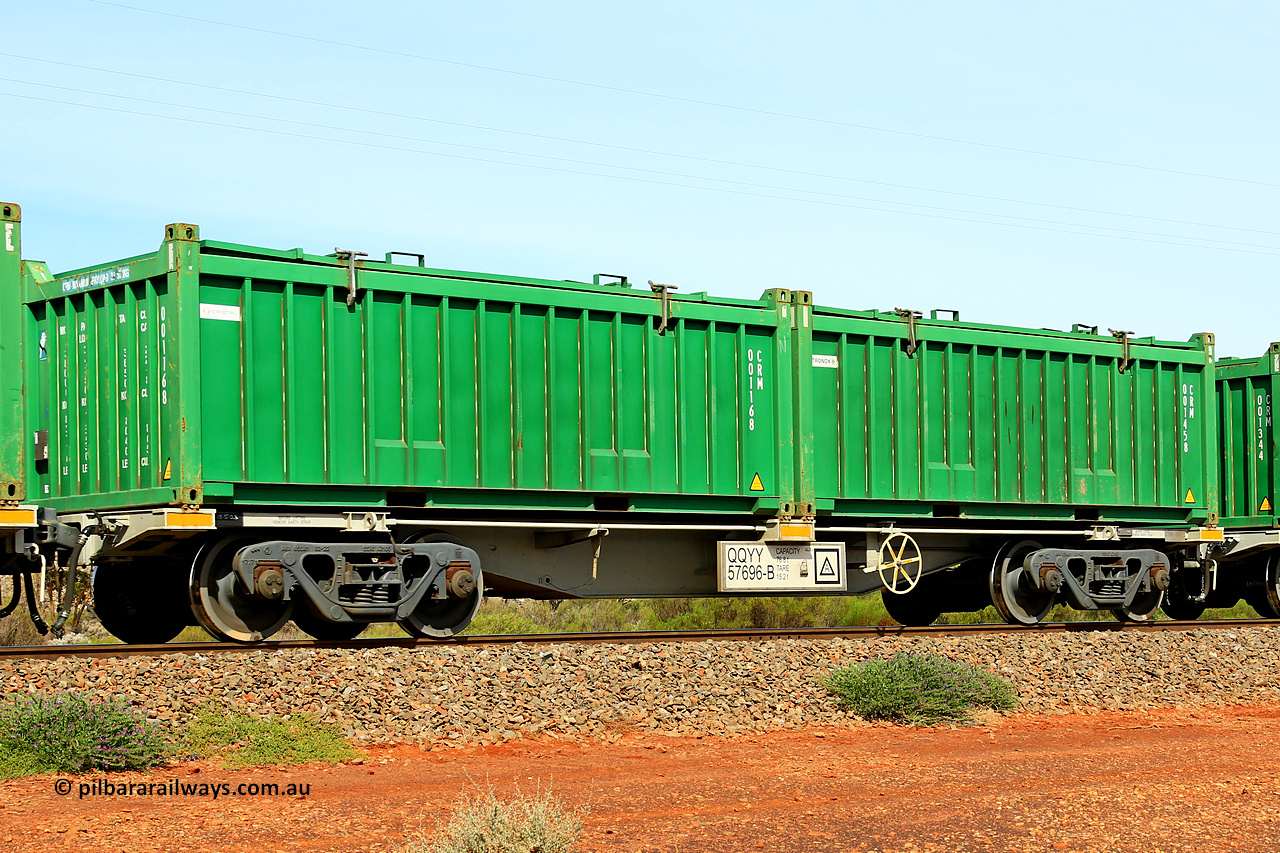 231020 8203
Parkeston, QQYY type 40' container waggon QQYY 57696 one of five hundred ordered by Aurizon and built by CRRC Yangtze Group of China in 2022. In service with two loaded 20' half height hard top 'rotainers' lettered CRM, for Cristal Mining before they were absorbed into Tronox, CRM 001458 with Tronox decal and CRM 001168 with Cristal decal, on Aurizon's Tronox mineral sands train 4UP1 from Ivanhoe / Broken Hill (NSW) to Kwinana (WA). 20th of October 2023.
Keywords: QQYY-type;QQYY57696;CRRC-Yangtze-Group-China;