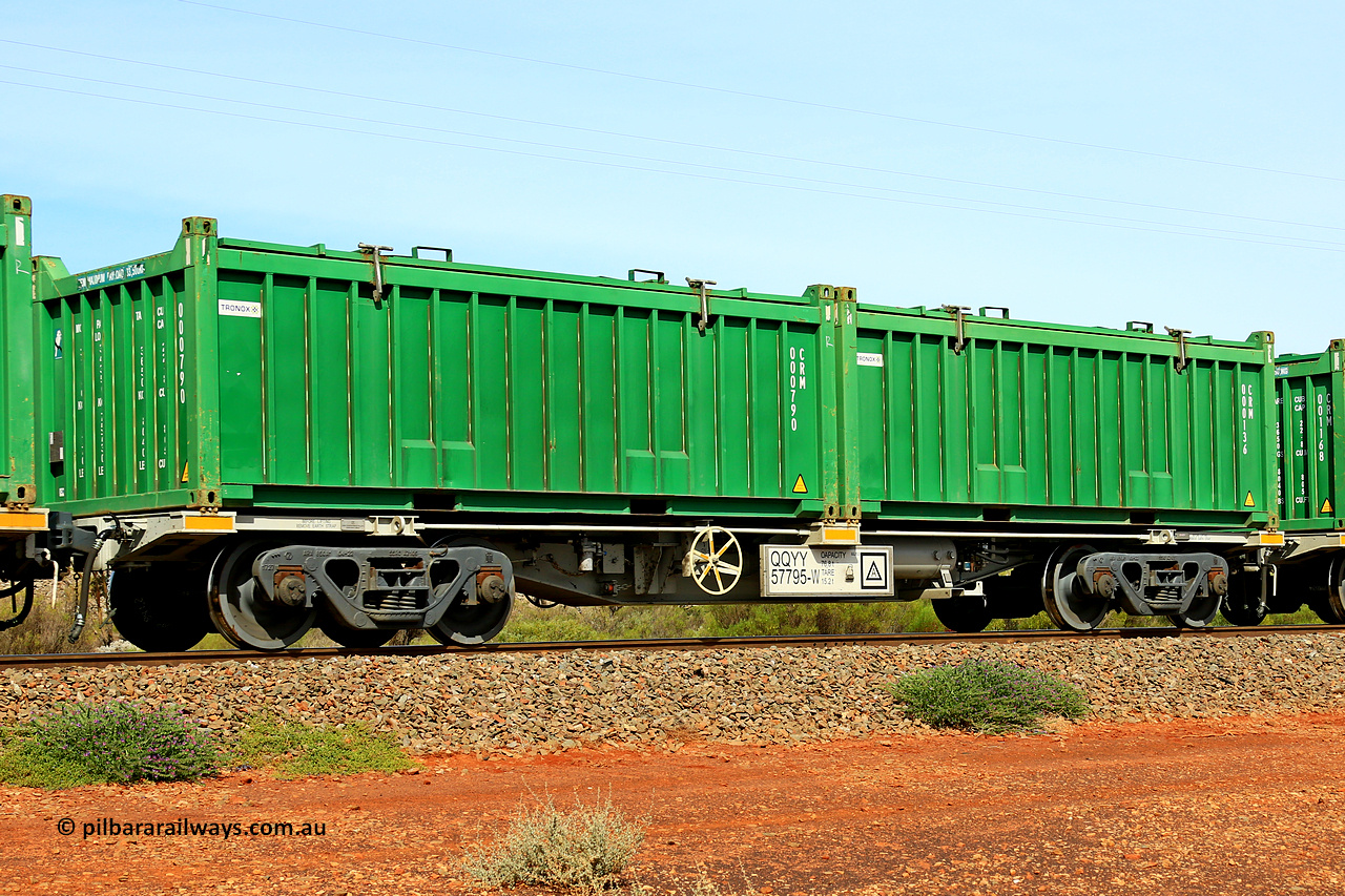 231020 8204
Parkeston, QQYY type 40' container waggon QQYY 57795 one of five hundred ordered by Aurizon and built by CRRC Yangtze Group of China in 2022. In service with two loaded 20' half height hard top 'rotainers' lettered CRM, for Cristal Mining before they were absorbed into Tronox, CRM 000136 with Tronox decal and CRM 000790 with Tronox decal, on Aurizon's Tronox mineral sands train 4UP1 from Ivanhoe / Broken Hill (NSW) to Kwinana (WA). 20th of October 2023.
Keywords: QQYY-type;QQYY57795;CRRC-Yangtze-Group-China;