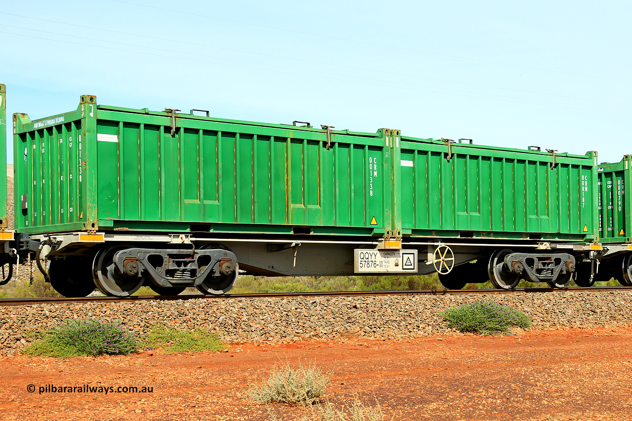 231020 8205
Parkeston, QQYY type 40' container waggon QQYY 57876 one of five hundred ordered by Aurizon and built by CRRC Yangtze Group of China in 2022. In service with two loaded 20' half height hard top 'rotainers' lettered CRM, for Cristal Mining before they were absorbed into Tronox, CRM 000187 with Cristal decal and CRM 001338 with Cristal decal, on Aurizon's Tronox mineral sands train 4UP1 from Ivanhoe / Broken Hill (NSW) to Kwinana (WA). 20th of October 2023.
Keywords: QQYY-type;QQYY57876;CRRC-Yangtze-Group-China;