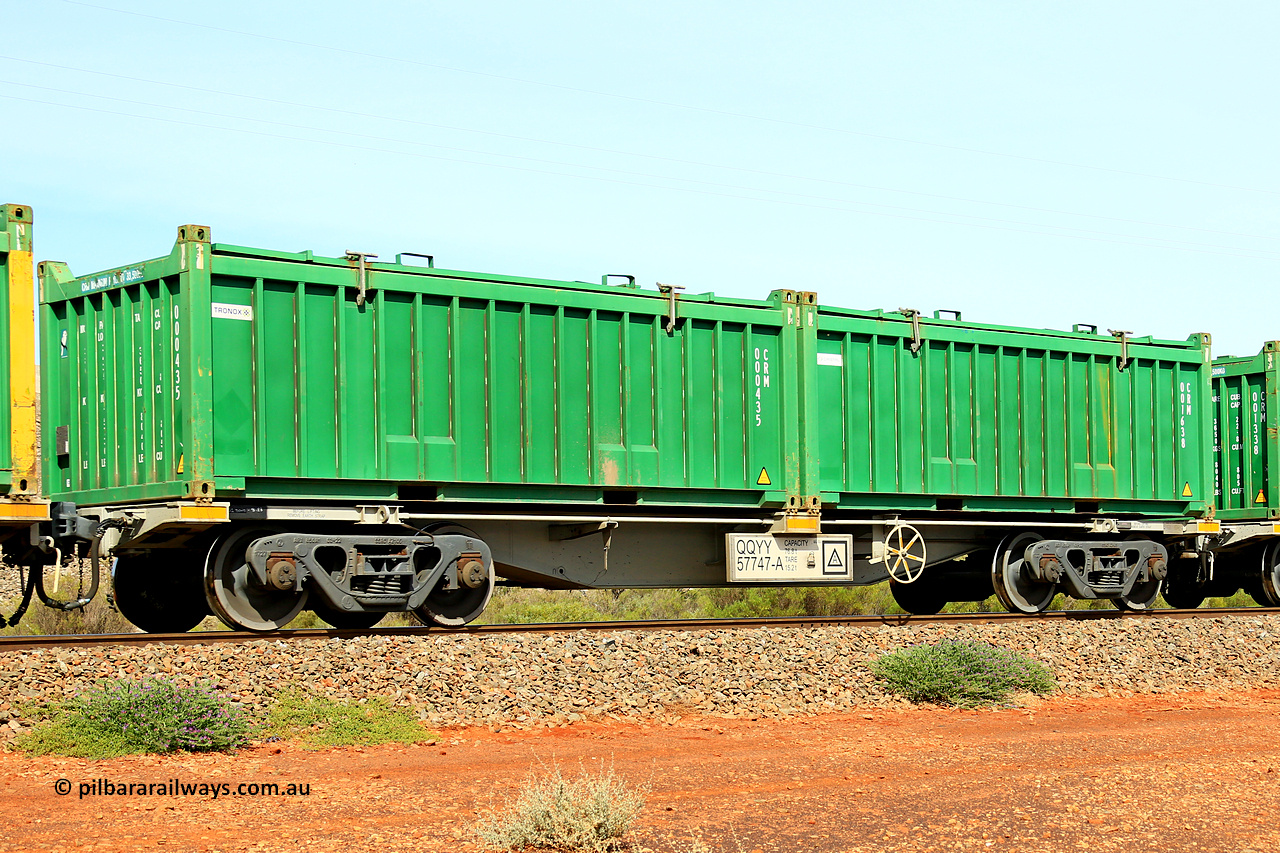 231020 8206
Parkeston, QQYY type 40' container waggon QQYY 57747 one of five hundred ordered by Aurizon and built by CRRC Yangtze Group of China in 2022. In service with two loaded 20' half height hard top 'rotainers' lettered CRM, for Cristal Mining before they were absorbed into Tronox, CRM 001638 with Cristal decal and CRM 000435 with Tronox decal, on Aurizon's Tronox mineral sands train 4UP1 from Ivanhoe / Broken Hill (NSW) to Kwinana (WA). 20th of October 2023.
Keywords: QQYY-type;QQYY57747;CRRC-Yangtze-Group-China;