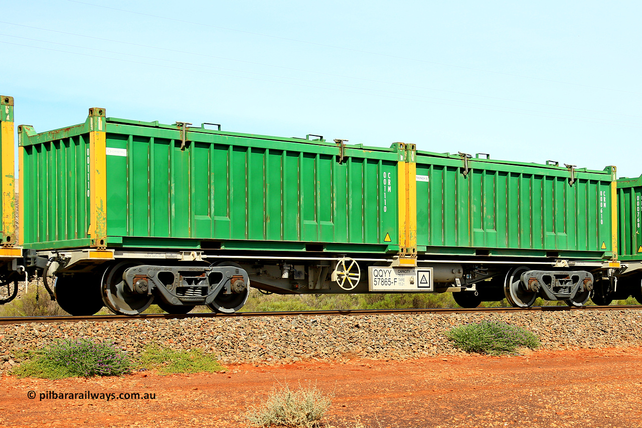 231020 8212
Parkeston, QQYY type 40' container waggon QQYY 57865 one of five hundred ordered by Aurizon and built by CRRC Yangtze Group of China in 2022. In service with two loaded 20' half height hard top 'rotainers' lettered CRM, for Cristal Mining before they were absorbed into Tronox, CRM 000610 with Tronox decal and yellow corner posts and CRM 001110 with Cristal decal and yellow corner posts, on Aurizon's Tronox mineral sands train 4UP1 from Ivanhoe / Broken Hill (NSW) to Kwinana (WA). 20th of October 2023.
Keywords: QQYY-type;QQYY57865;CRRC-Yangtze-Group-China;