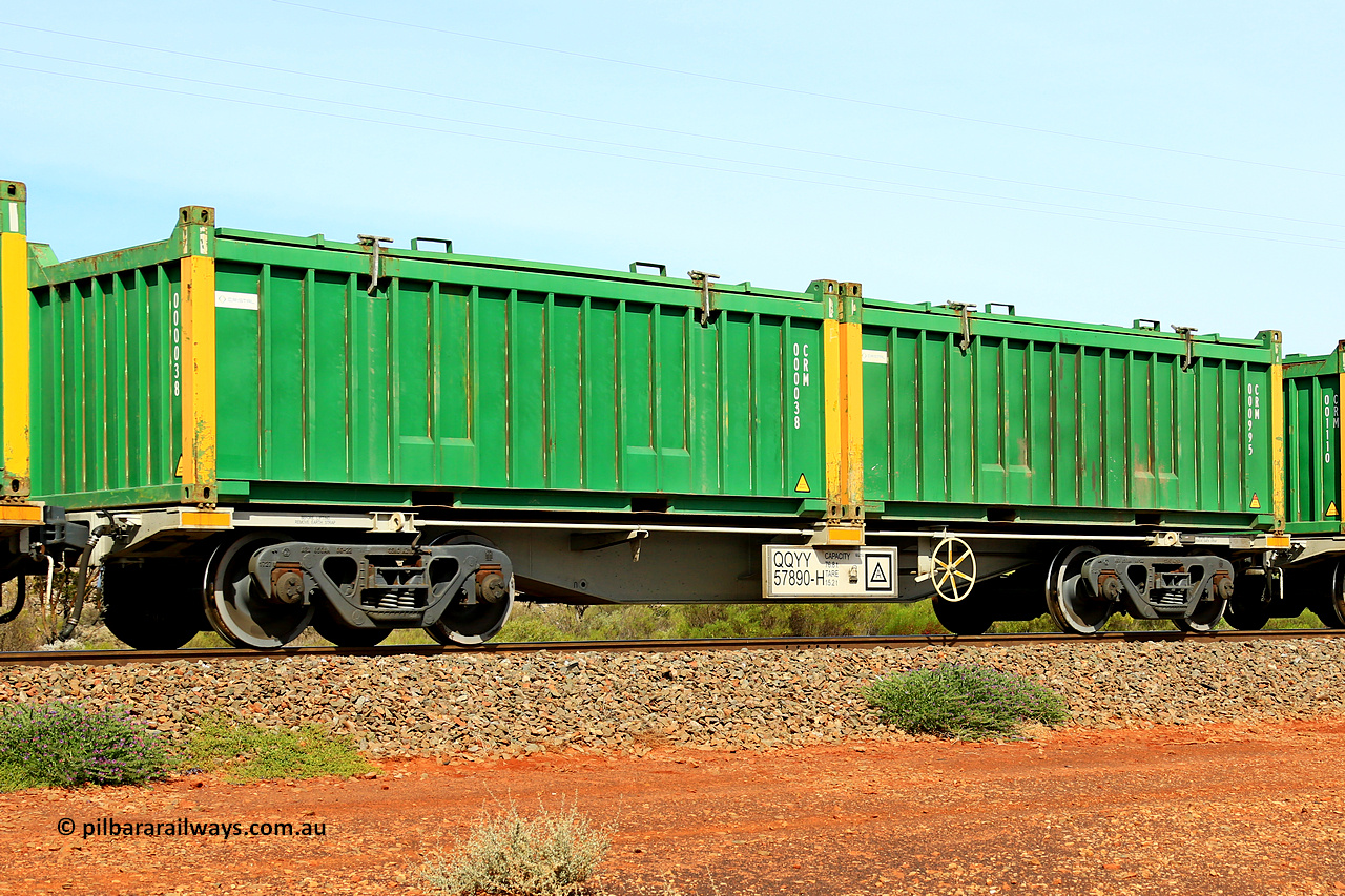 231020 8213
Parkeston, QQYY type 40' container waggon QQYY 57890 one of five hundred ordered by Aurizon and built by CRRC Yangtze Group of China in 2022. In service with two loaded 20' half height hard top 'rotainers' lettered CRM, for Cristal Mining before they were absorbed into Tronox, CRM 000995 with Cristal decal and yellow corner posts and CRM 000038 with Cristal decal and yellow corner posts, on Aurizon's Tronox mineral sands train 4UP1 from Ivanhoe / Broken Hill (NSW) to Kwinana (WA). 20th of October 2023.
Keywords: QQYY-type;QQYY57890;CRRC-Yangtze-Group-China;