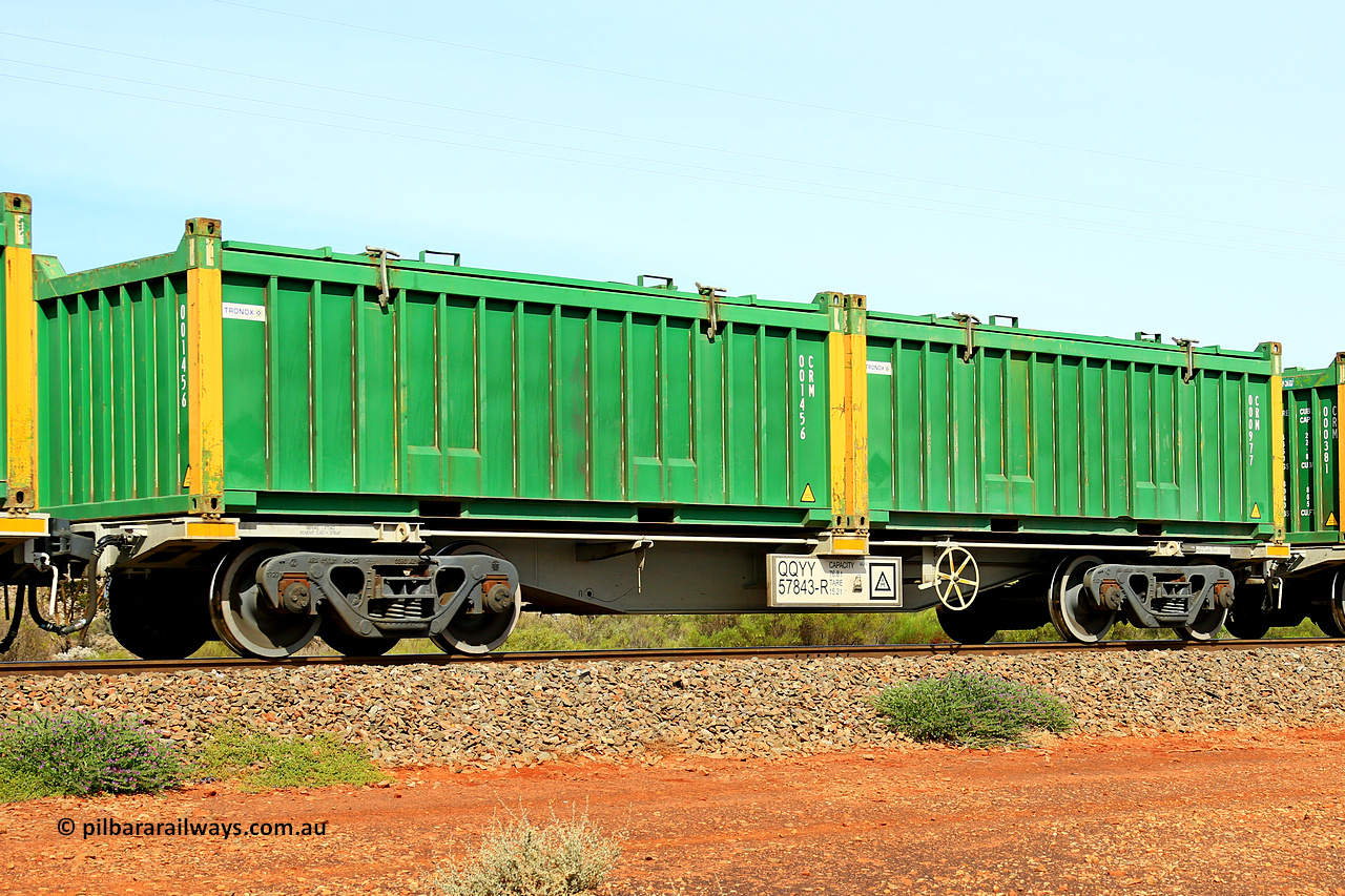 231020 8215
Parkeston, QQYY type 40' container waggon QQYY 57843 one of five hundred ordered by Aurizon and built by CRRC Yangtze Group of China in 2022. In service with two loaded 20' half height hard top 'rotainers' lettered CRM, for Cristal Mining before they were absorbed into Tronox, CRM 000977 with Tronox decal and yellow corner posts and CRM 001456 with Tronox decal and yellow corner posts, on Aurizon's Tronox mineral sands train 4UP1 from Ivanhoe / Broken Hill (NSW) to Kwinana (WA). 20th of October 2023.
Keywords: QQYY-type;QQYY57843;CRRC-Yangtze-Group-China;