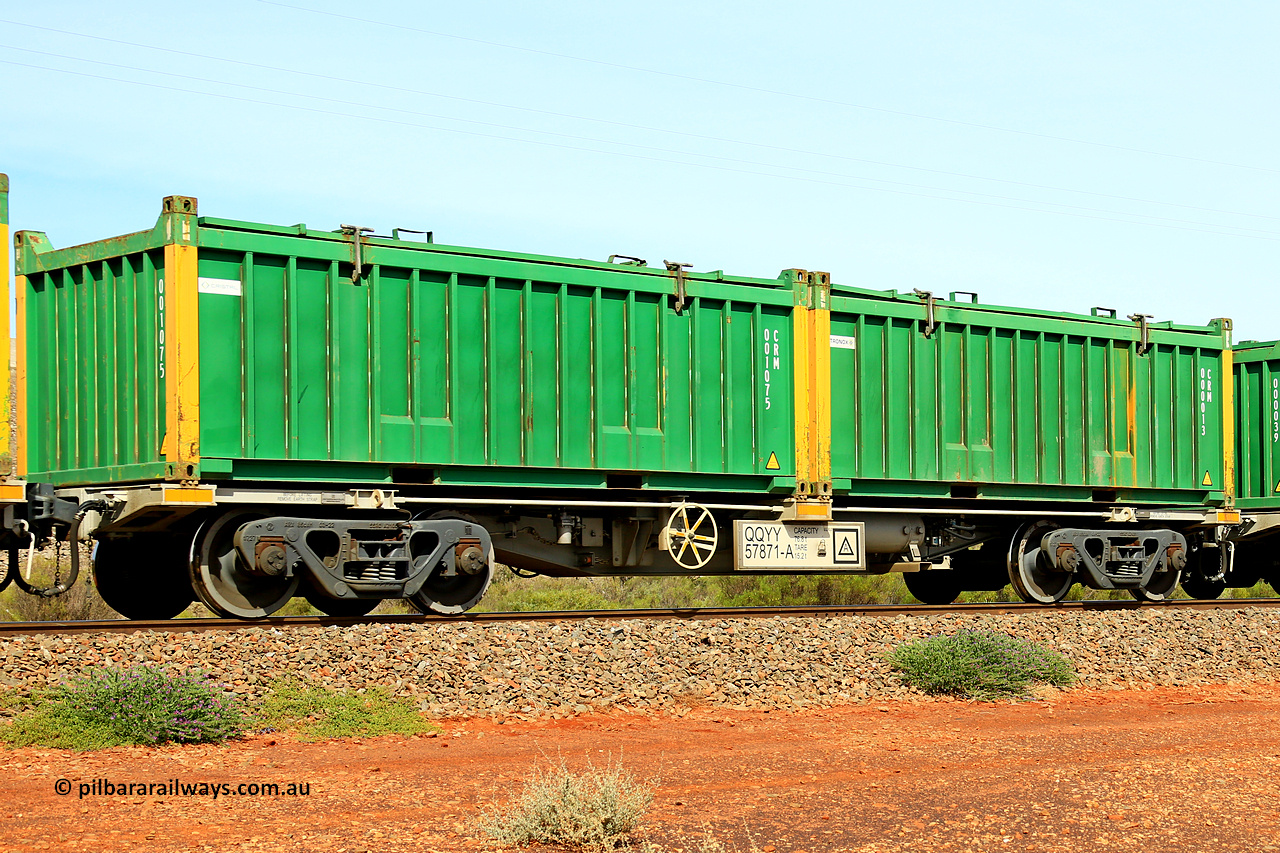 231020 8218
Parkeston, QQYY type 40' container waggon QQYY 57871 one of five hundred ordered by Aurizon and built by CRRC Yangtze Group of China in 2022. In service with two loaded 20' half height hard top 'rotainers' lettered CRM, for Cristal Mining before they were absorbed into Tronox, CRM 000013 with Tronox decal and yellow corner posts and CRM 001075 with Cristal decal and yellow corner posts, on Aurizon's Tronox mineral sands train 4UP1 from Ivanhoe / Broken Hill (NSW) to Kwinana (WA). 20th of October 2023.
Keywords: QQYY-type;QQYY57871;CRRC-Yangtze-Group-China;