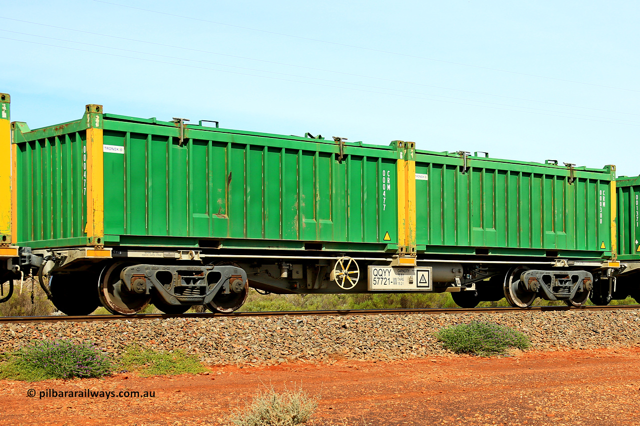 231020 8223
Parkeston, QQYY type 40' container waggon QQYY 57721 one of five hundred ordered by Aurizon and built by CRRC Yangtze Group of China in 2022. In service with two loaded 20' half height hard top 'rotainers' lettered CRM, for Cristal Mining before they were absorbed into Tronox, CRM 000300 with Tronox decal and yellow corner posts and CRM 000477 with Tronox decal and yellow corner posts, on Aurizon's Tronox mineral sands train 4UP1 from Ivanhoe / Broken Hill (NSW) to Kwinana (WA). 20th of October 2023.
Keywords: QQYY-type;QQYY57721;CRRC-Yangtze-Group-China;