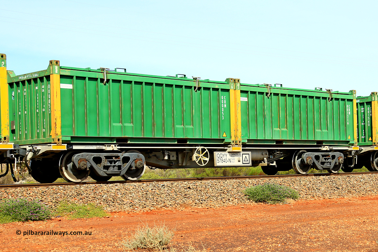 231020 8225
Parkeston, QQYY type 40' container waggon QQYY 57840 one of five hundred ordered by Aurizon and built by CRRC Yangtze Group of China in 2022. In service with two loaded 20' half height hard top 'rotainers' lettered CRM, for Cristal Mining before they were absorbed into Tronox, CRM 001316 with Tronox decal and yellow corner posts and CRM 000053 with Cristal decal and yellow corner posts, on Aurizon's Tronox mineral sands train 4UP1 from Ivanhoe / Broken Hill (NSW) to Kwinana (WA). 20th of October 2023.
Keywords: QQYY-type;QQYY57840;CRRC-Yangtze-Group-China;