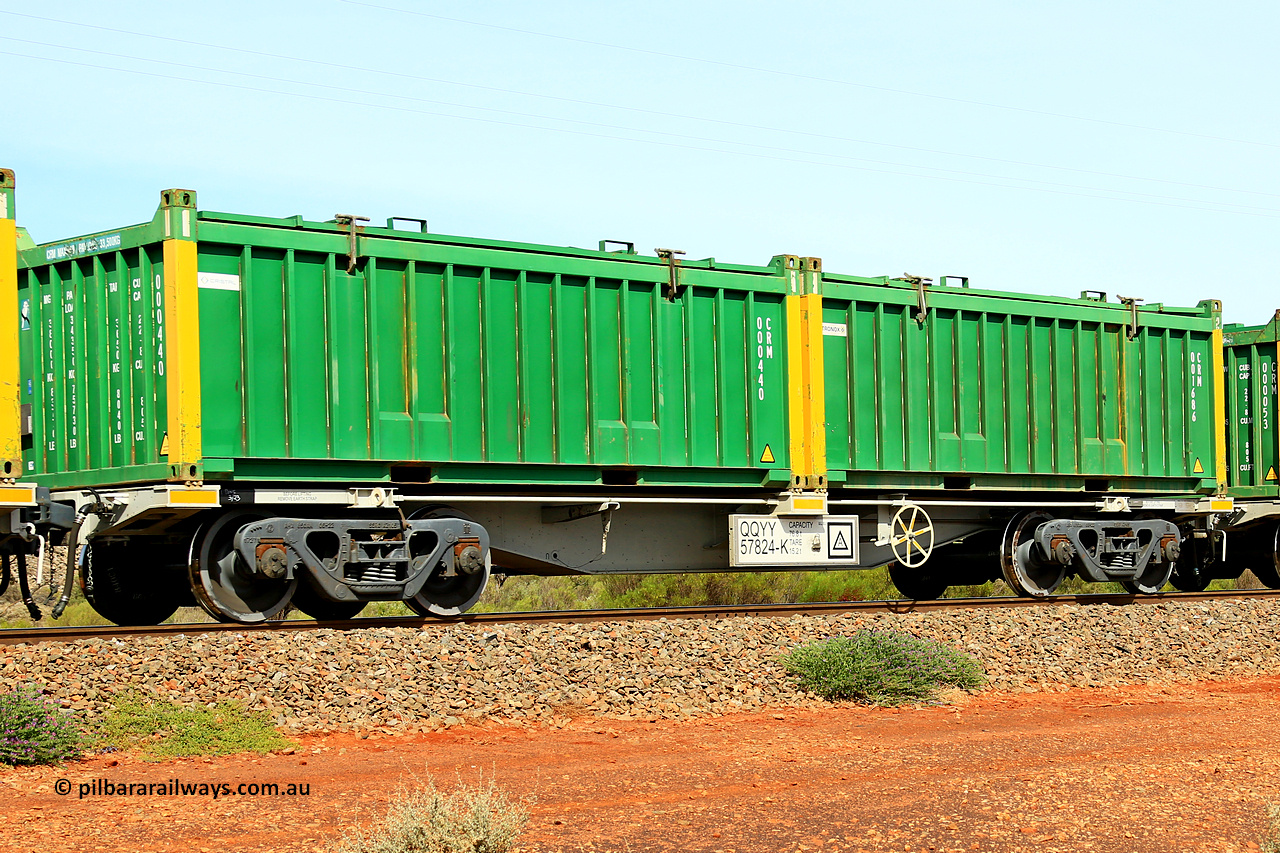 231020 8226
Parkeston, QQYY type 40' container waggon QQYY 57824 one of five hundred ordered by Aurizon and built by CRRC Yangtze Group of China in 2022. In service with two loaded 20' half height hard top 'rotainers' lettered CRM, for Cristal Mining before they were absorbed into Tronox, CRM 001686 with Tronox decal and yellow corner posts and CRM 000440 with Cristal decal and yellow corner posts, on Aurizon's Tronox mineral sands train 4UP1 from Ivanhoe / Broken Hill (NSW) to Kwinana (WA). 20th of October 2023.
Keywords: QQYY-type;QQYY57824;CRRC-Yangtze-Group-China;