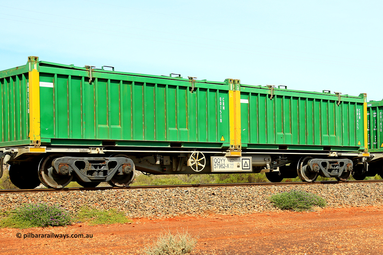 231020 8233
Parkeston, QQYY type 40' container waggon QQYY 57962 one of five hundred ordered by Aurizon and built by CRRC Yangtze Group of China in 2022. In service with two loaded 20' half height hard top 'rotainers' lettered CRM, for Cristal Mining before they were absorbed into Tronox, CRM 001455 with Cristal decal and yellow corner posts and CRM 001518 with Cristal decal and yellow corner posts, on Aurizon's Tronox mineral sands train 4UP1 from Ivanhoe / Broken Hill (NSW) to Kwinana (WA). 20th of October 2023.
Keywords: QQYY-type;QQYY57962;CRRC-Yangtze-Group-China;