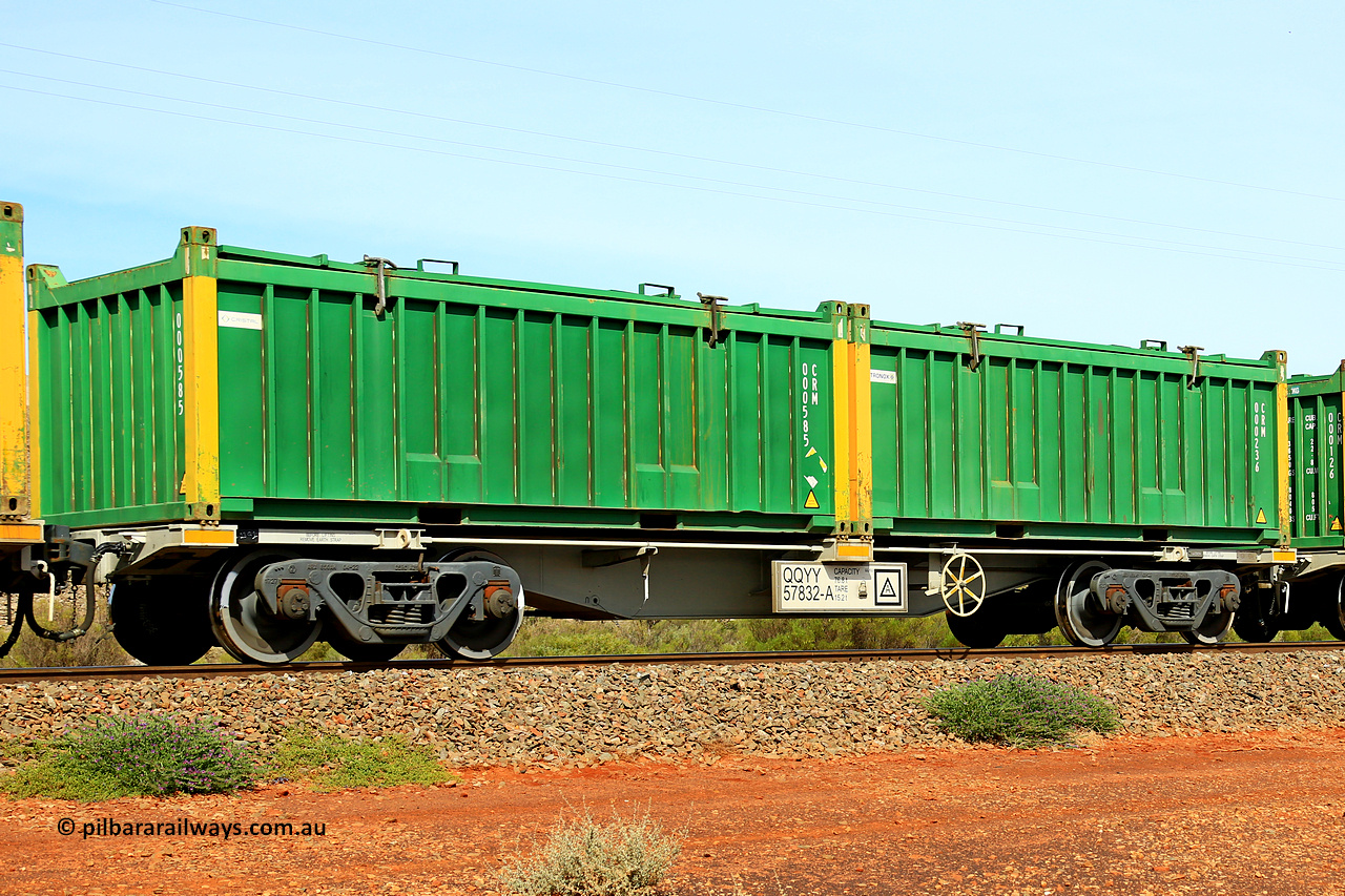 231020 8240
Parkeston, QQYY type 40' container waggon QQYY 57832 one of five hundred ordered by Aurizon and built by CRRC Yangtze Group of China in 2022. In service with two loaded 20' half height hard top 'rotainers' lettered CRM, for Cristal Mining before they were absorbed into Tronox, CRM 000236 with Tronox decal and yellow corner posts and CRM 000585 with Cristal decal and yellow corner posts, on Aurizon's Tronox mineral sands train 4UP1 from Ivanhoe / Broken Hill (NSW) to Kwinana (WA). 20th of October 2023.
Keywords: QQYY-type;QQYY57832;CRRC-Yangtze-Group-China;