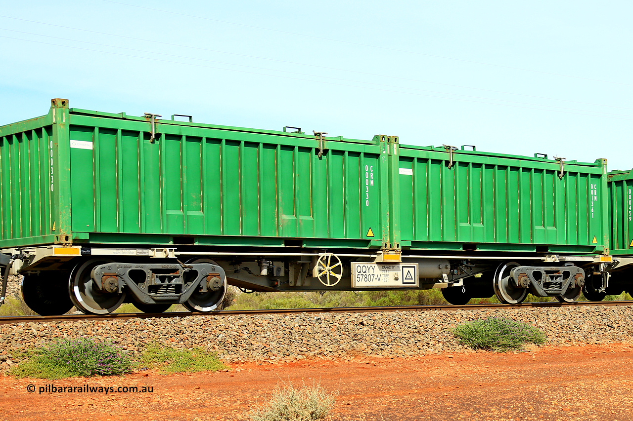 231020 8243
Parkeston, QQYY type 40' container waggon QQYY 57807 one of five hundred ordered by Aurizon and built by CRRC Yangtze Group of China in 2022. In service with two loaded 20' half height hard top 'rotainers' lettered CRM, for Cristal Mining before they were absorbed into Tronox, CRM 001361 with Cristal decal and CRM 000330 with Cristal decal, on Aurizon's Tronox mineral sands train 4UP1 from Ivanhoe / Broken Hill (NSW) to Kwinana (WA). 20th of October 2023.
Keywords: QQYY-type;QQYY57807;CRRC-Yangtze-Group-China;