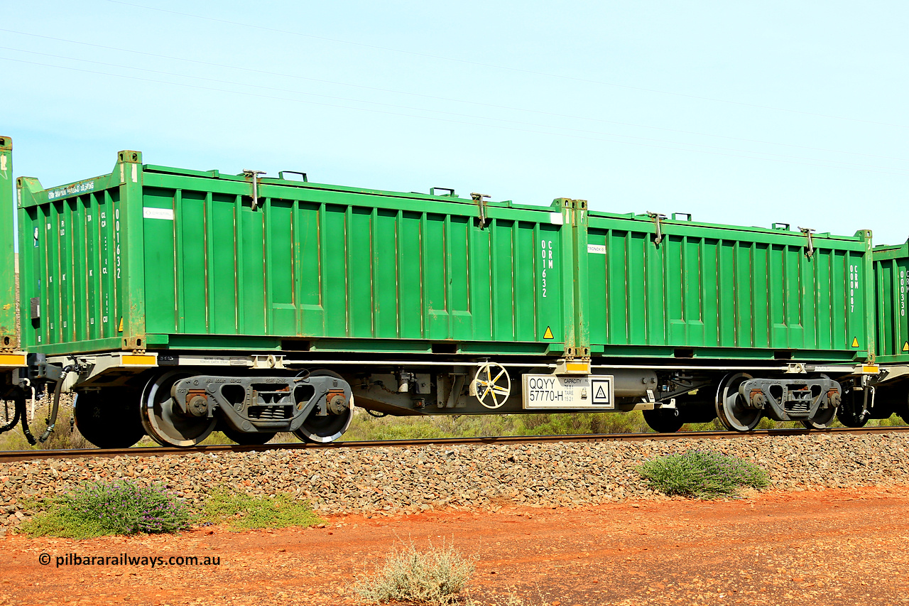 231020 8244
Parkeston, QQYY type 40' container waggon QQYY 57770 one of five hundred ordered by Aurizon and built by CRRC Yangtze Group of China in 2022. In service with two loaded 20' half height hard top 'rotainers' lettered CRM, for Cristal Mining before they were absorbed into Tronox, CRM 000087 with Tronox decal and CRM 001632 with Cristal decal, on Aurizon's Tronox mineral sands train 4UP1 from Ivanhoe / Broken Hill (NSW) to Kwinana (WA). 20th of October 2023.
Keywords: QQYY-type;QQYY57770;CRRC-Yangtze-Group-China;