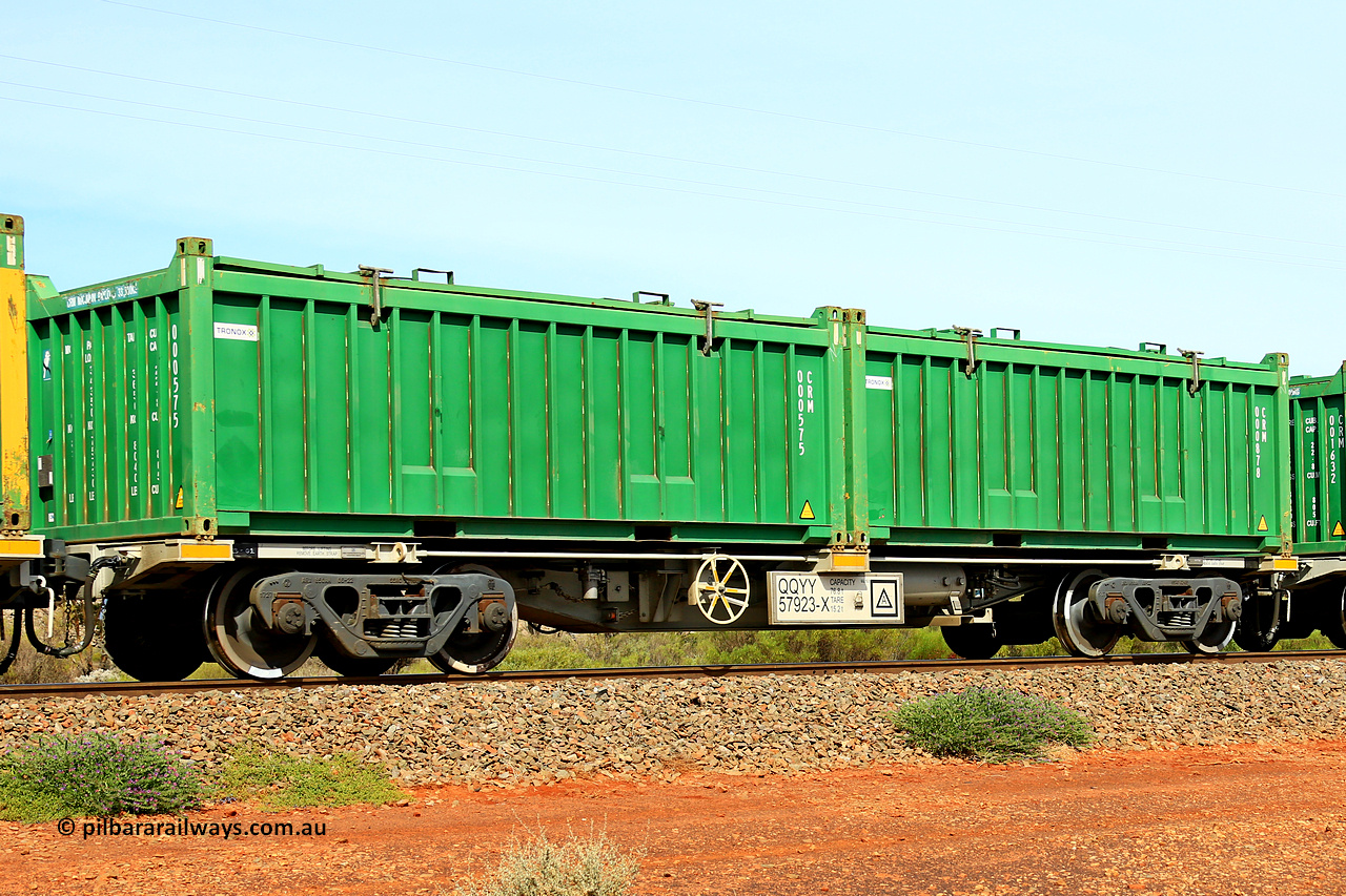 231020 8245
Parkeston, QQYY type 40' container waggon QQYY 57923 one of five hundred ordered by Aurizon and built by CRRC Yangtze Group of China in 2022. In service with two loaded 20' half height hard top 'rotainers' lettered CRM, for Cristal Mining before they were absorbed into Tronox, CRM 000878 with Tronox decal and CRM 000575 with Tronox decal, on Aurizon's Tronox mineral sands train 4UP1 from Ivanhoe / Broken Hill (NSW) to Kwinana (WA). 20th of October 2023.
Keywords: QQYY-type;QQYY57923;CRRC-Yangtze-Group-China;