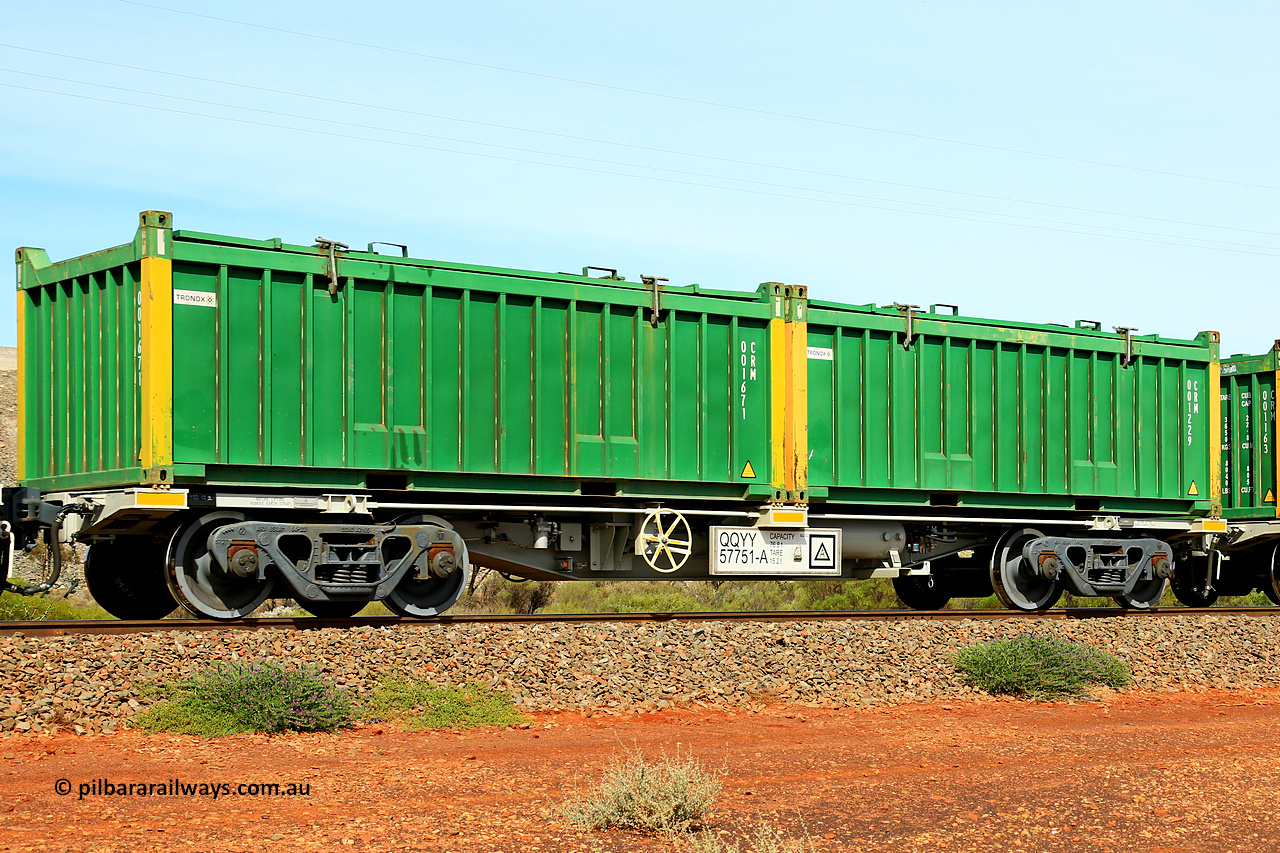 231020 8247
Parkeston, QQYY type 40' container waggon QQYY 57751 one of five hundred ordered by Aurizon and built by CRRC Yangtze Group of China in 2022. In service with two loaded 20' half height hard top 'rotainers' lettered CRM, for Cristal Mining before they were absorbed into Tronox, CRM 001229 with Tronox decal and yellow corner posts and CRM 001671 with Tronox decal and yellow corner posts, on Aurizon's Tronox mineral sands train 4UP1 from Ivanhoe / Broken Hill (NSW) to Kwinana (WA). 20th of October 2023.
Keywords: QQYY-type;QQYY57751;CRRC-Yangtze-Group-China;