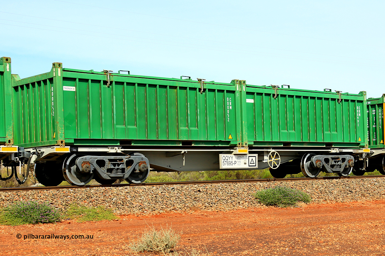 231020 8250
Parkeston, QQYY type 40' container waggon QQYY 57695 one of five hundred ordered by Aurizon and built by CRRC Yangtze Group of China in 2022. In service with two loaded 20' half height hard top 'rotainers' lettered CRM, for Cristal Mining before they were absorbed into Tronox, CRM 000991 with Cristal decal and CRM 000052 with Tronox decal, on Aurizon's Tronox mineral sands train 4UP1 from Ivanhoe / Broken Hill (NSW) to Kwinana (WA). 20th of October 2023.
Keywords: QQYY-type;QQYY57695;CRRC-Yangtze-Group-China;