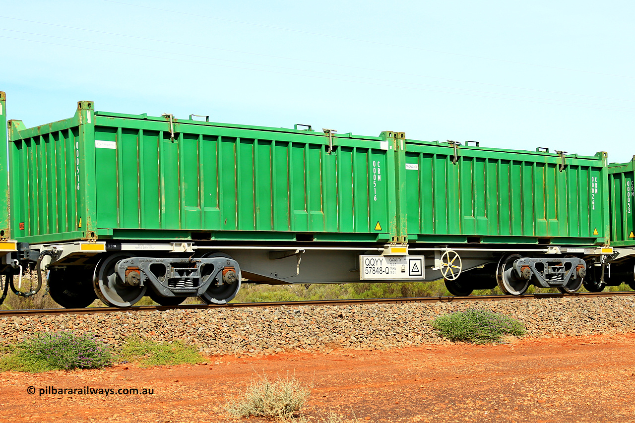 231020 8251
Parkeston, QQYY type 40' container waggon QQYY 57848 one of five hundred ordered by Aurizon and built by CRRC Yangtze Group of China in 2022. In service with two loaded 20' half height hard top 'rotainers' lettered CRM, for Cristal Mining before they were absorbed into Tronox, CRM 000264 with Tronox decal and CRM 000516 with Cristal decal, on Aurizon's Tronox mineral sands train 4UP1 from Ivanhoe / Broken Hill (NSW) to Kwinana (WA). 20th of October 2023.
Keywords: QQYY-type;QQYY57848;CRRC-Yangtze-Group-China;