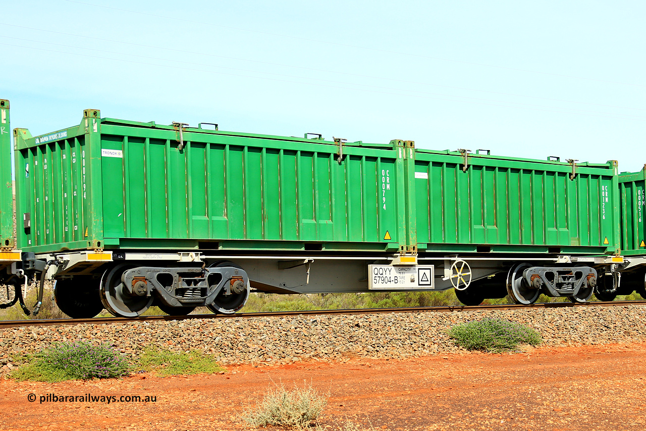 231020 8252
Parkeston, QQYY type 40' container waggon QQYY 57904 one of five hundred ordered by Aurizon and built by CRRC Yangtze Group of China in 2022. In service with two loaded 20' half height hard top 'rotainers' lettered CRM, for Cristal Mining before they were absorbed into Tronox, CRM 001236 with Cristal decal and CRM 000794 with Tronox decal, on Aurizon's Tronox mineral sands train 4UP1 from Ivanhoe / Broken Hill (NSW) to Kwinana (WA). 20th of October 2023.
Keywords: QQYY-type;QQYY57904;CRRC-Yangtze-Group-China;