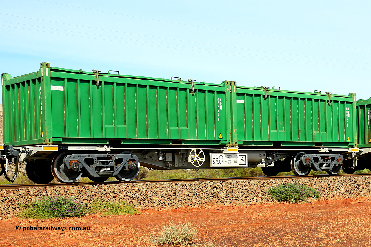 231020 8254
Parkeston, QQYY type 40' container waggon QQYY 57907 one of five hundred ordered by Aurizon and built by CRRC Yangtze Group of China in 2022. In service with two loaded 20' half height hard top 'rotainers' lettered CRM, for Cristal Mining before they were absorbed into Tronox, CRM 000623 with Cristal decal and CRM 000349 with Cristal decal, on Aurizon's Tronox mineral sands train 4UP1 from Ivanhoe / Broken Hill (NSW) to Kwinana (WA). 20th of October 2023.
Keywords: QQYY-type;QQYY57907;CRRC-Yangtze-Group-China;