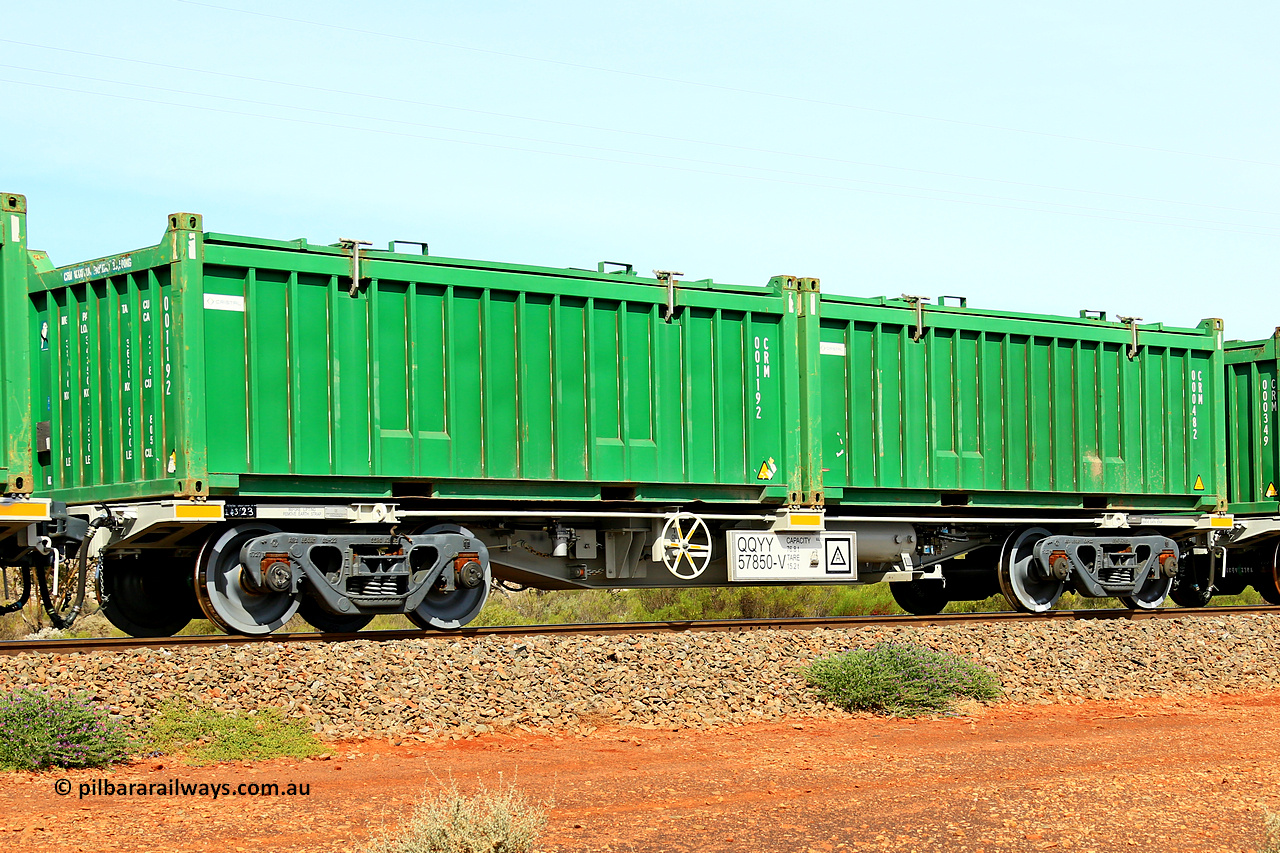 231020 8255
Parkeston, QQYY type 40' container waggon QQYY 57850 one of five hundred ordered by Aurizon and built by CRRC Yangtze Group of China in 2022. In service with two loaded 20' half height hard top 'rotainers' lettered CRM, for Cristal Mining before they were absorbed into Tronox, CRM 000482 with Cristal decal and CRM 001192 with Cristal decal, on Aurizon's Tronox mineral sands train 4UP1 from Ivanhoe / Broken Hill (NSW) to Kwinana (WA). 20th of October 2023.
Keywords: QQYY-type;QQYY57850;CRRC-Yangtze-Group-China;