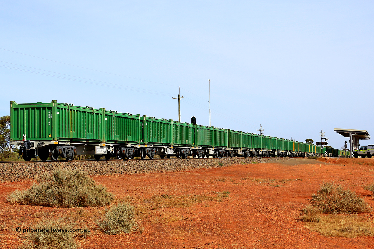 231020 8257
Parkeston, 20th of October 2023. Aurizon's Tronox mineral sands train 4UP1 from Ivanhoe / Broken Hill (NSW) to Kwinana (WA) runs along the mainline as it heads for Perth and then Kwinana.
