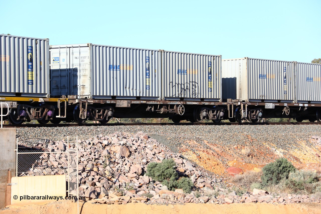 160522 2060
Binduli, 5MP2 steel train, RKLY 20981 container waggon, originally built by EPT NSW in 1980-81 as an BDY / NODY open waggon before being heavily modified with a pair of Royal Wolf 20' 22G1 type containers with Pacific National decals, RWLU 815057 and RWLU 815016.
Keywords: RKLY-type;RKLY20981;EPT-NSW;BDY-type;NODY-type;