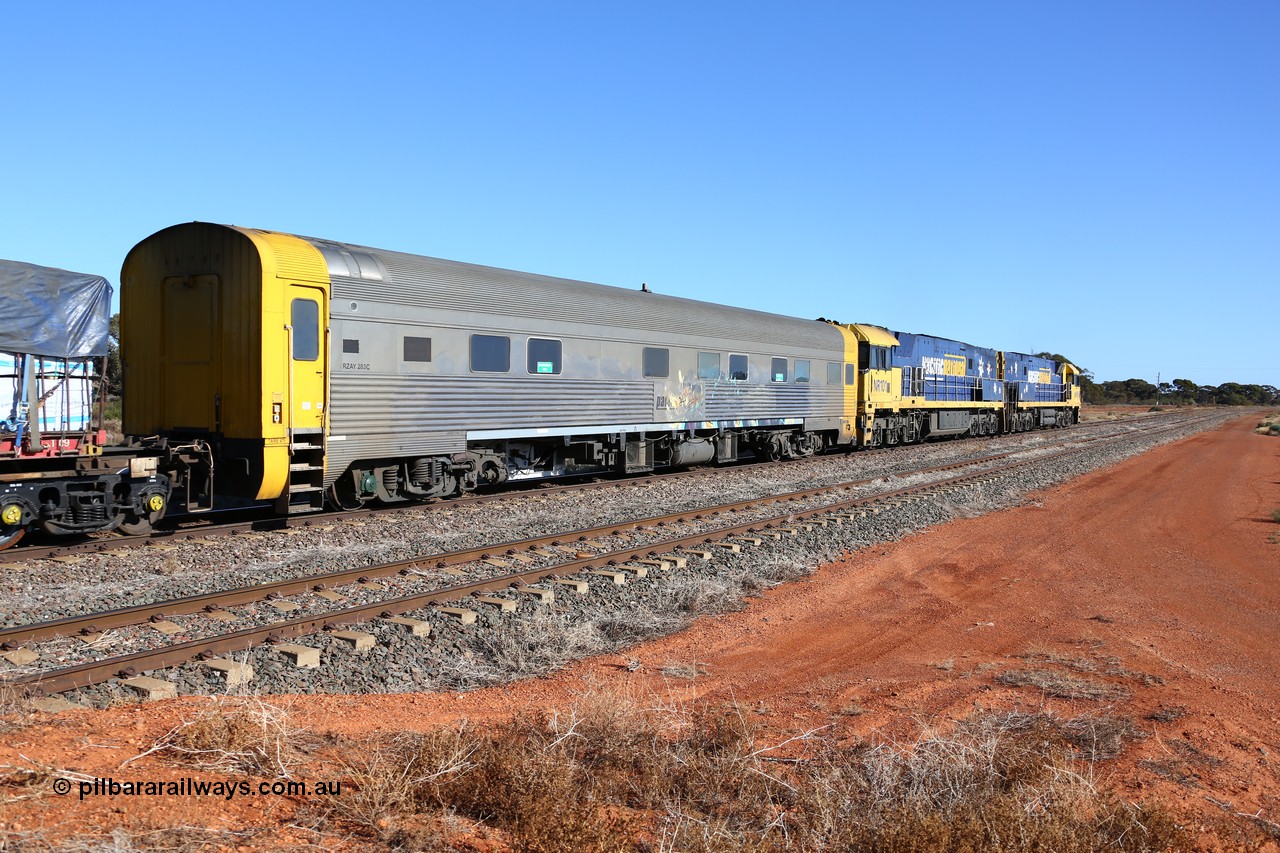 160522 2087
Parkeston, 6MP4 intermodal train, crew accommodation coach RZAY 283, built by Comeng NSW in 1972 as type ARJ, stainless steel, air conditioned, first class roomette sleeping coach, converted by AN Rail Port Augusta Workshops in 1997 to RZAY.
Keywords: RZAY-type;RZAY283;Comeng-NSW;ARJ-type;ARJ283;