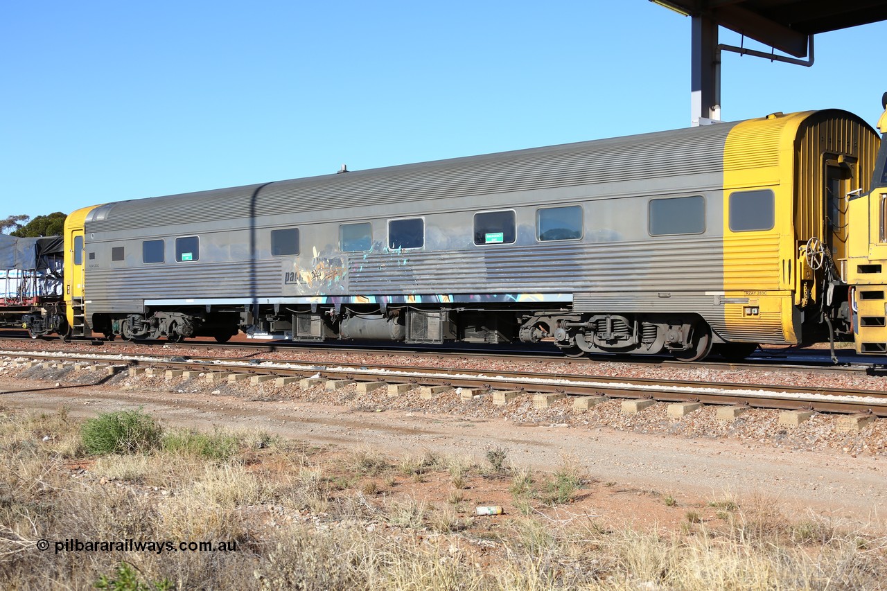 160522 2123
Parkeston, 6MP4 intermodal train, crew accommodation coach RZAY 283, built by Comeng NSW in 1972 as type ARJ stainless steel, air conditioned, first class roomette sleeping coach.
Keywords: RZAY-type;RZAY283;Comeng-NSW;ARJ-type;ARJ283;