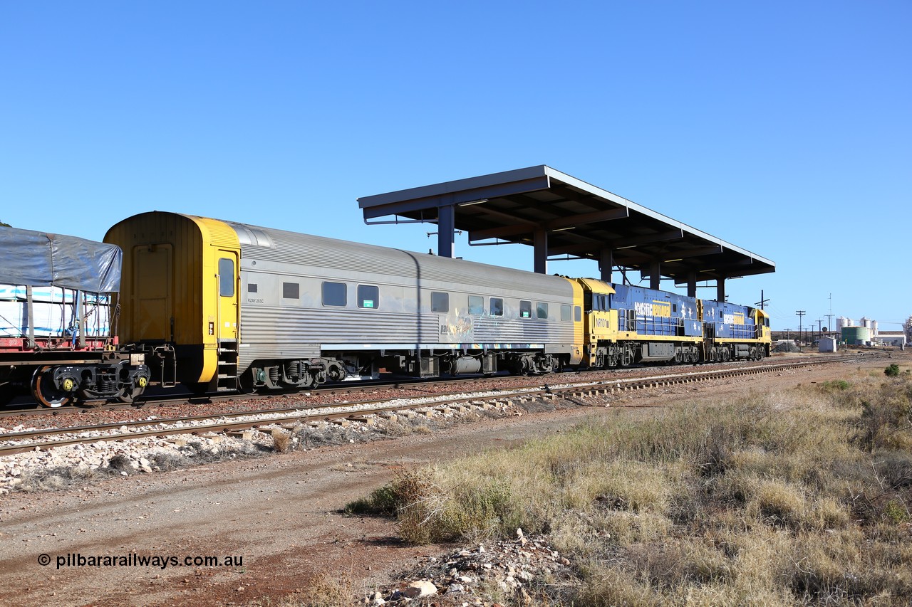 160522 2124
Parkeston, 6MP4 intermodal train departs for Kalgoorlie and Perth, view of crew accommodation coach RZAY 283, built by Comeng NSW in 1972 as type ARJ stainless steel, air conditioned, first class roomette sleeping coach.
Keywords: RZAY-type;RZAY283;Comeng-NSW;ARJ-type;ARJ283;NR-class;NR90;Goninan;GE;Cv40-9i;7250-05/97-293;NR101;7250-07/97-303;