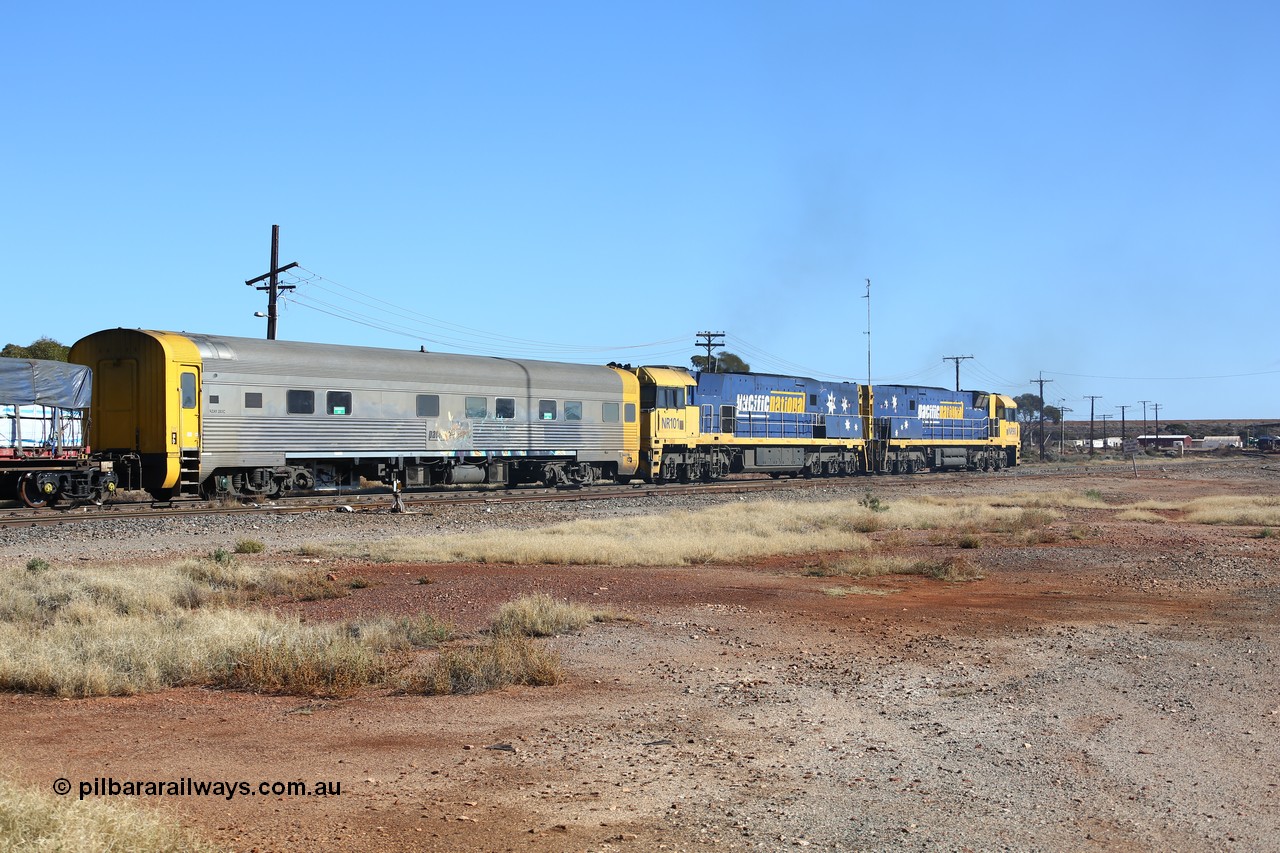 160522 2125
Parkeston, 6MP4 intermodal train departs for Kalgoorlie and Perth, view of crew accommodation coach RZAY 283, built by Comeng NSW in 1972 as type ARJ stainless steel, air conditioned, first class roomette sleeping coach.
Keywords: RZAY-type;RZAY283;Comeng-NSW;ARJ-type;ARJ283;NR-class;NR90;Goninan;GE;Cv40-9i;7250-05/97-293;NR101;7250-07/97-303;
