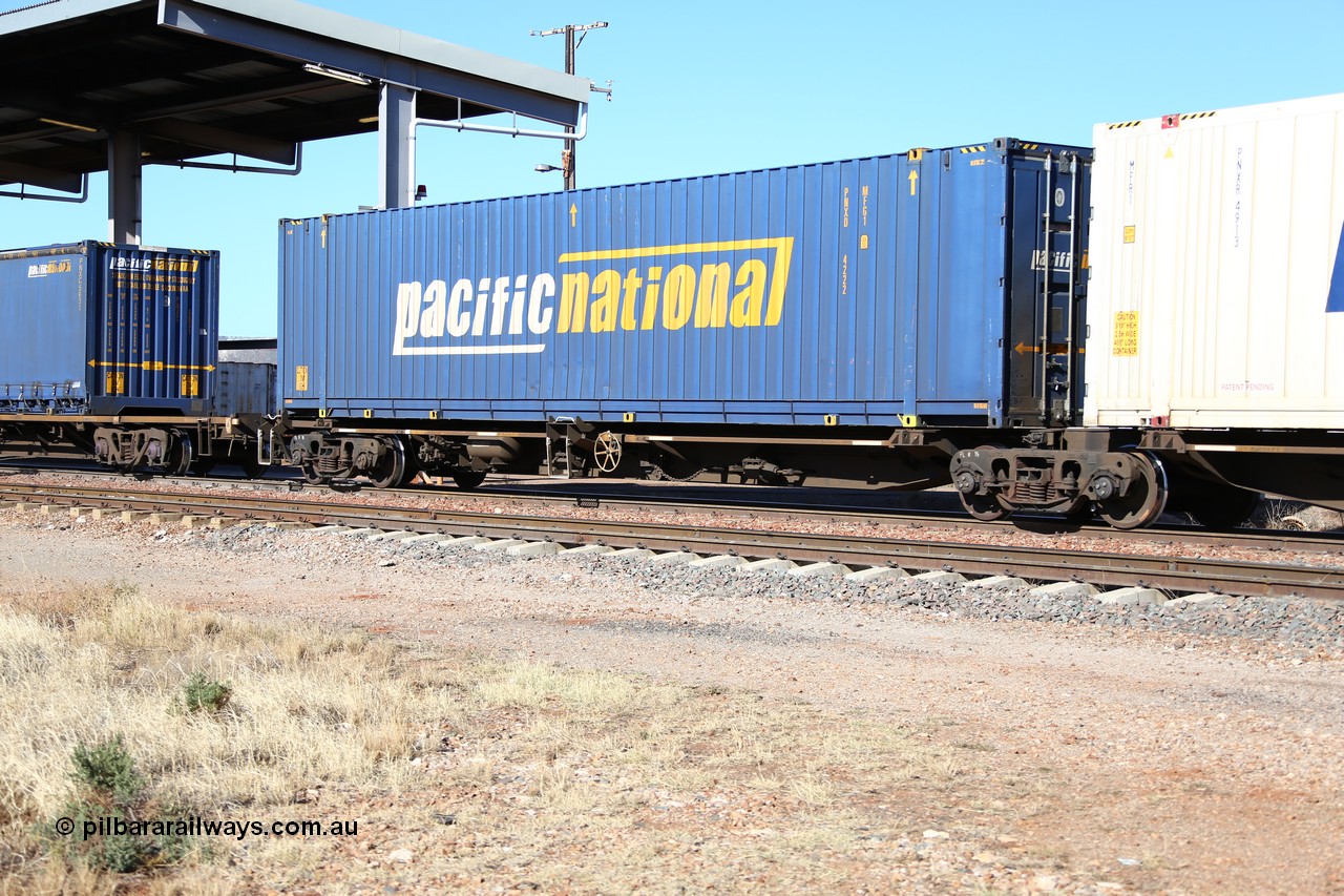 160522 2149
Parkeston, 6MP4 intermodal train, platform 5 of 5 on RRQY 7323 5 pack articulated skel waggon set built by Qiqihar Rollingstock Works China in 2005 for Pacific National, with a 48' container of the owner PNXD 4222.
Keywords: RRQY-type;RRQY7323;Qiqihar-Rollingstock-Works-China;