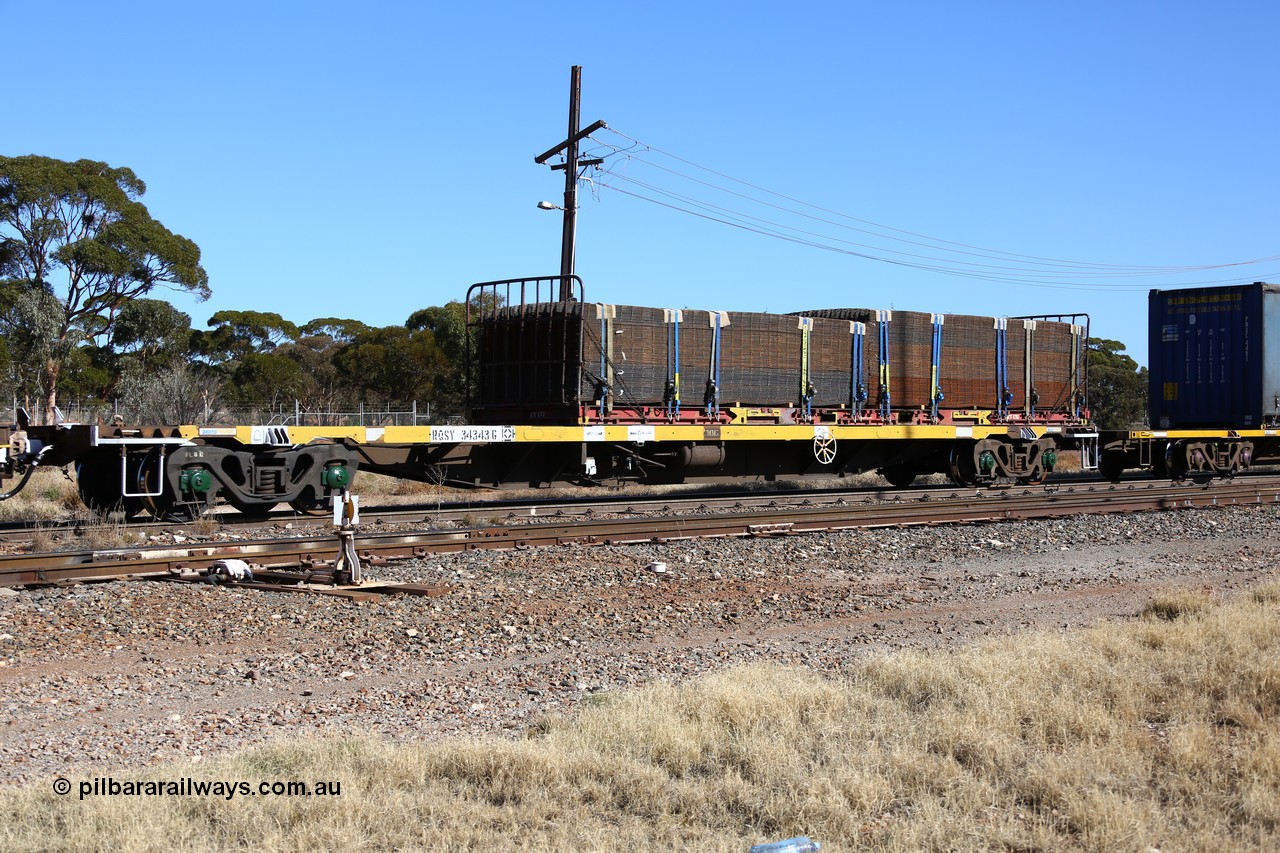 160522 2157
Parkeston, 6MP4 intermodal train, RQSY 34343 container waggon, one of one hundred OCY type container waggons built by Goninan in 1975, recoded to NQOY. Loaded with a K&S 40' flatrack KT 176 loaded with reo mesh.
Keywords: RQSY-type;RQSY34343;Goninan-NSW;OCY-type;