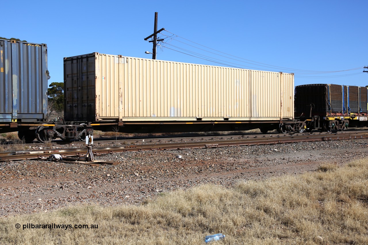 160522 2159
Parkeston, 6MP4 intermodal train, platform 5 of 5-pack low profile skel waggon set RRYY 17, one of fifty two such waggon sets built by Bradken at Braemar NSW in 2004-05, loaded with 48' container SCF 480484.
Keywords: RRYY-type;RRYY17;Williams-Worley;Bradken-NSW;