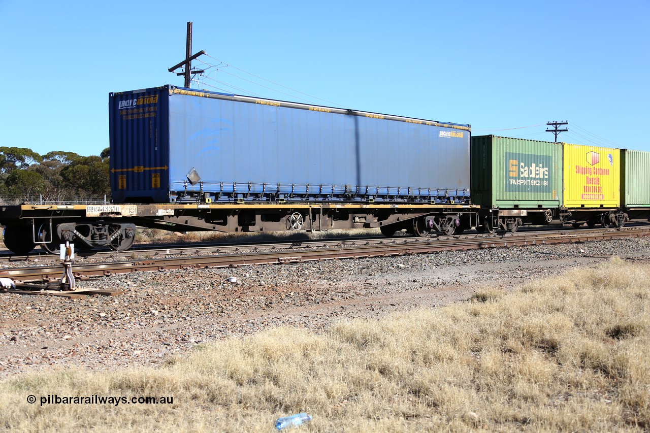 160522 2174
Parkeston, 6MP4 intermodal train, RRKY 4337 container waggon, built by Perry Engineering SA in 1976 as RMX, to AQMX, AQSY, RQKY. Pacific National 48' curtainsider PNXC 5647.
Keywords: RRKY-type;RRKY4337;Perry-Engineering-SA;RMX-type;AQMX-type;AQSY-type;RQKY-type;
